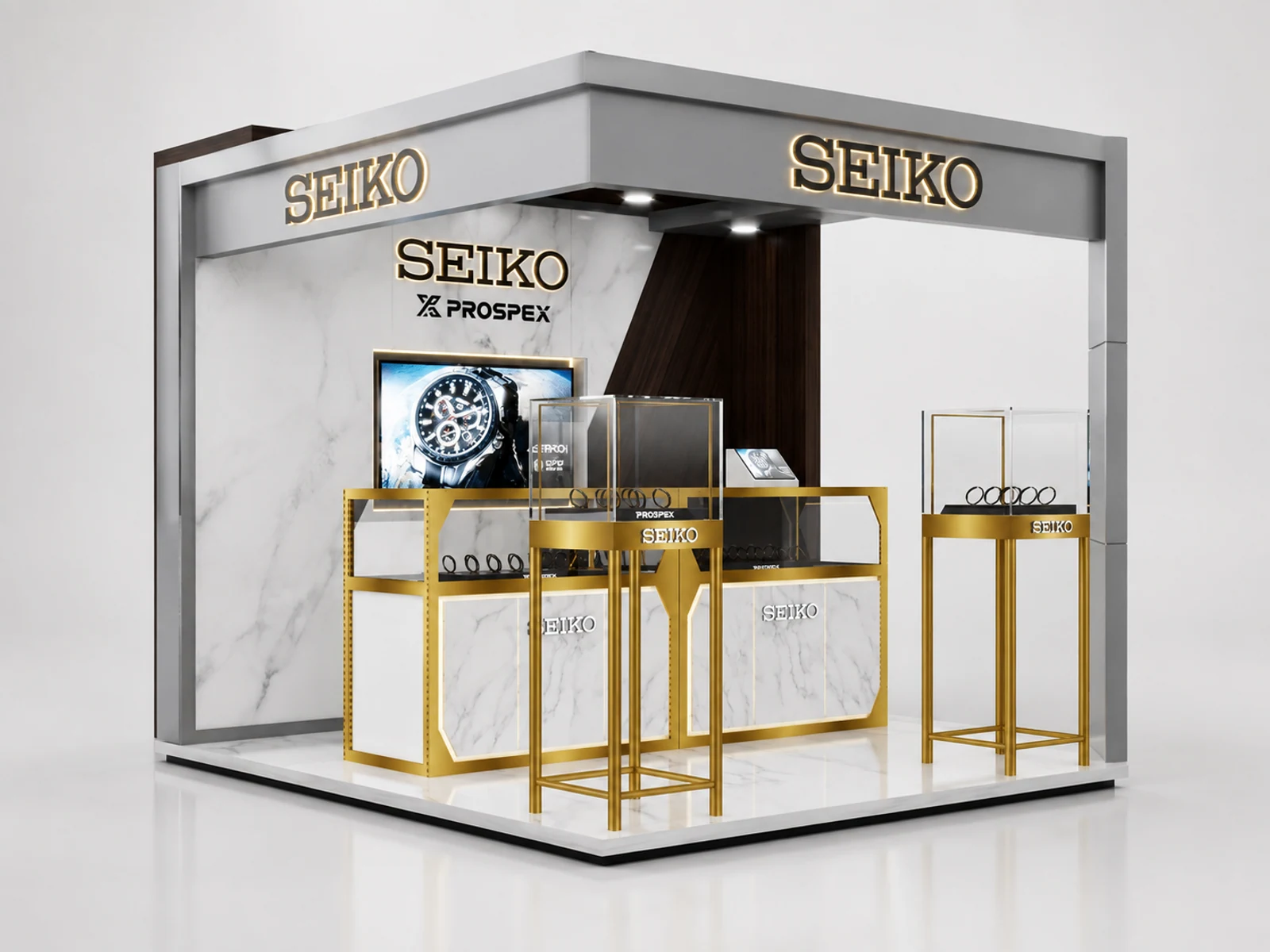Luxury Watch Kiosk Golden Display Stand with Professional 3D Design main shopping mall view