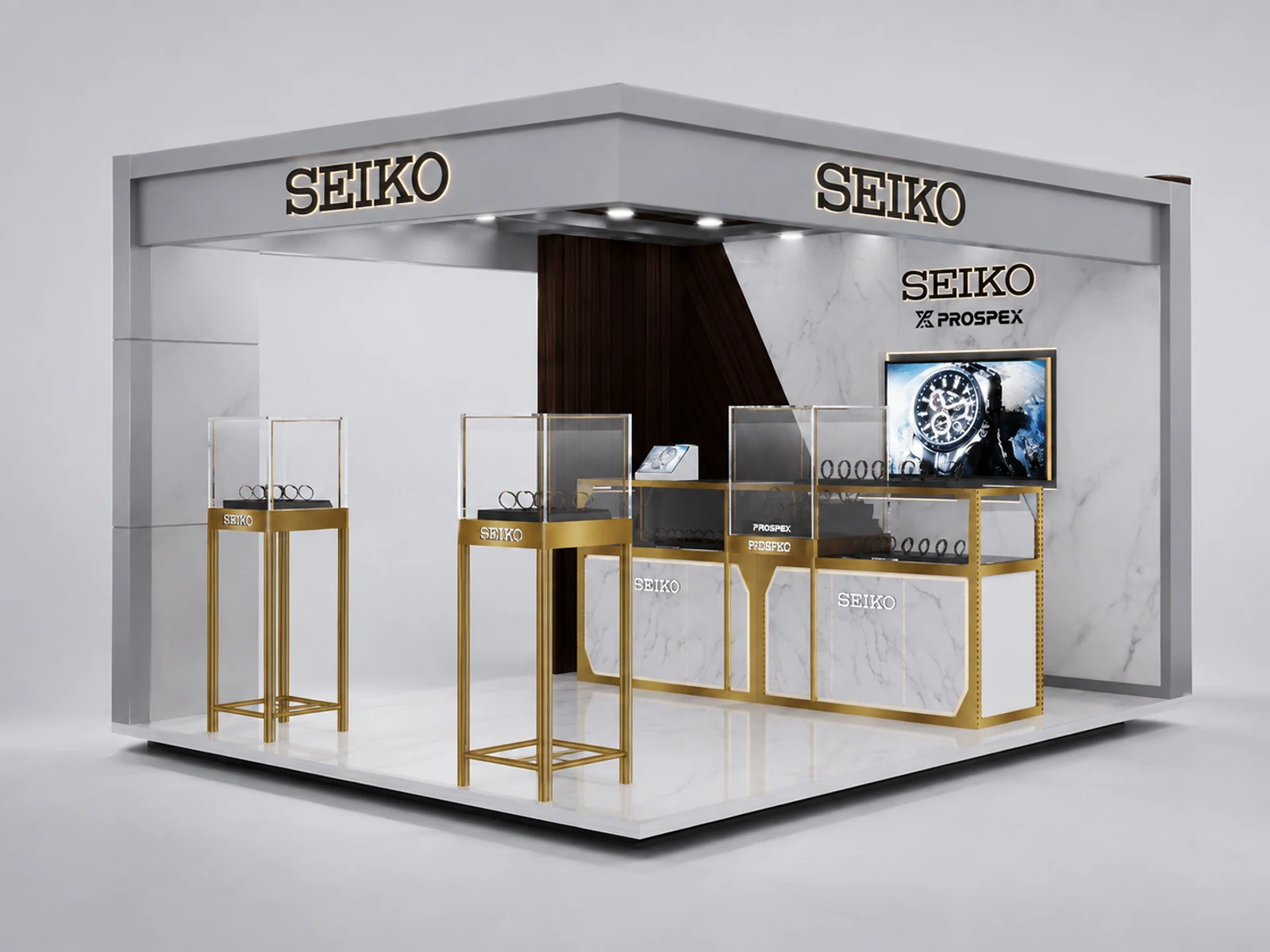 Luxury Watch Kiosk Golden Display Stand with Professional 3D Design opposite angle and kiosk depth