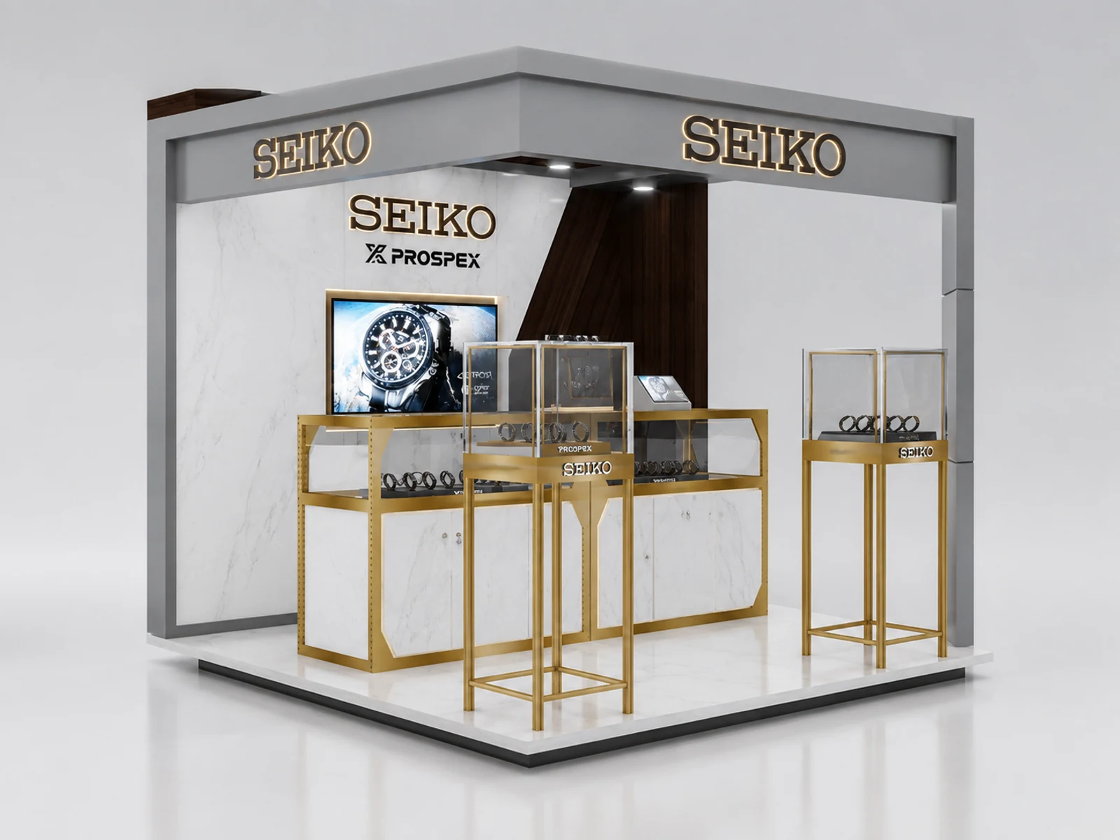Luxury Watch Kiosk Golden Display Stand with Professional 3D Design illuminated glass watch showcase detail