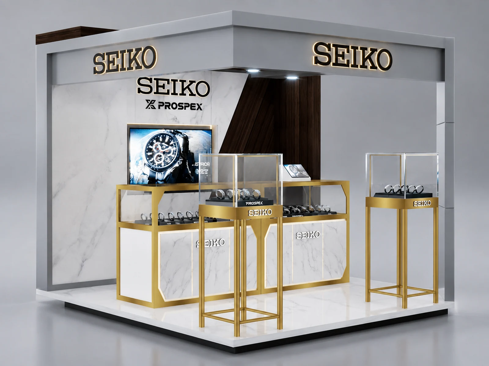 Luxury Watch Kiosk Golden Display Stand with Professional 3D Design staff-side storage and checkout view