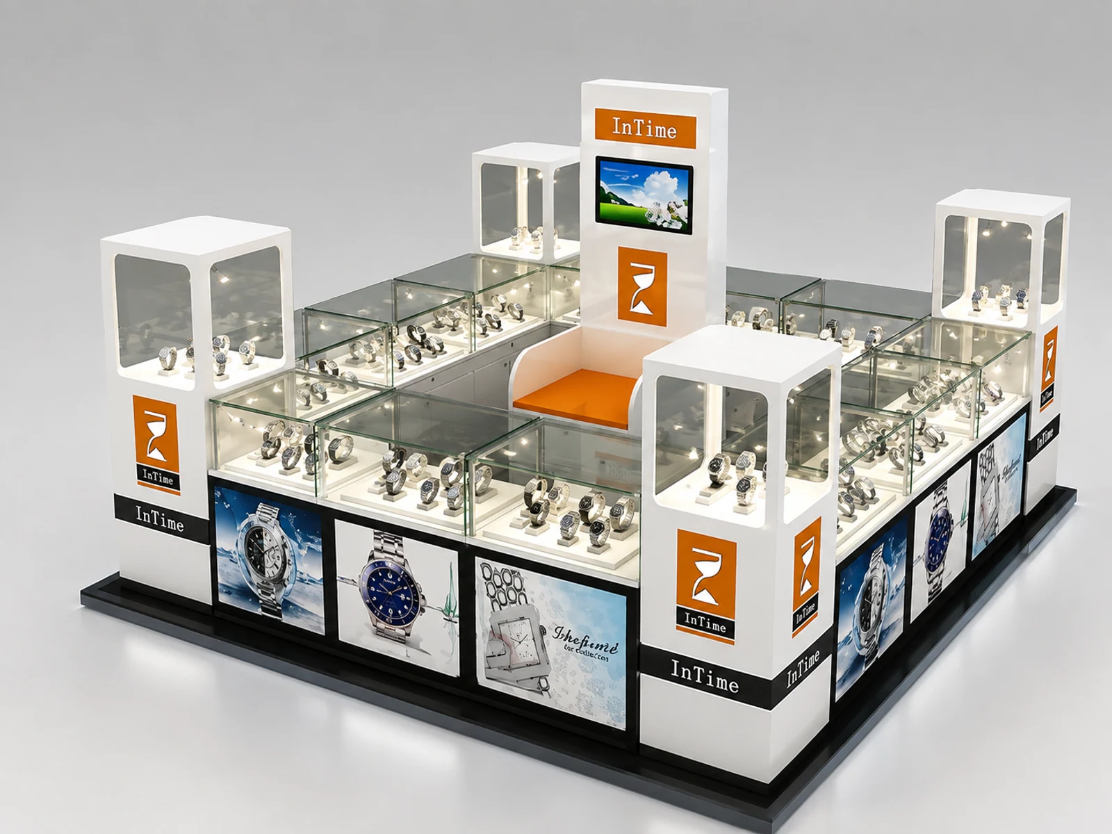 Men's watches display kiosk | fashionable watch showcase for sale main shopping mall view