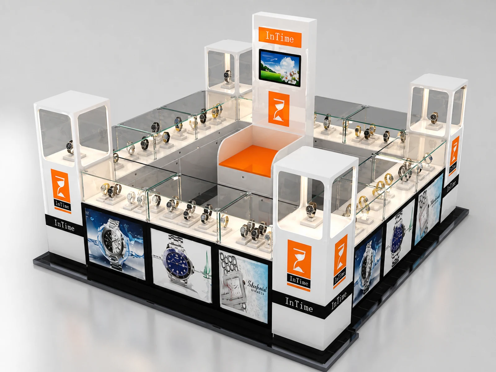 Men's watches display kiosk | fashionable watch showcase for sale opposite angle and kiosk depth