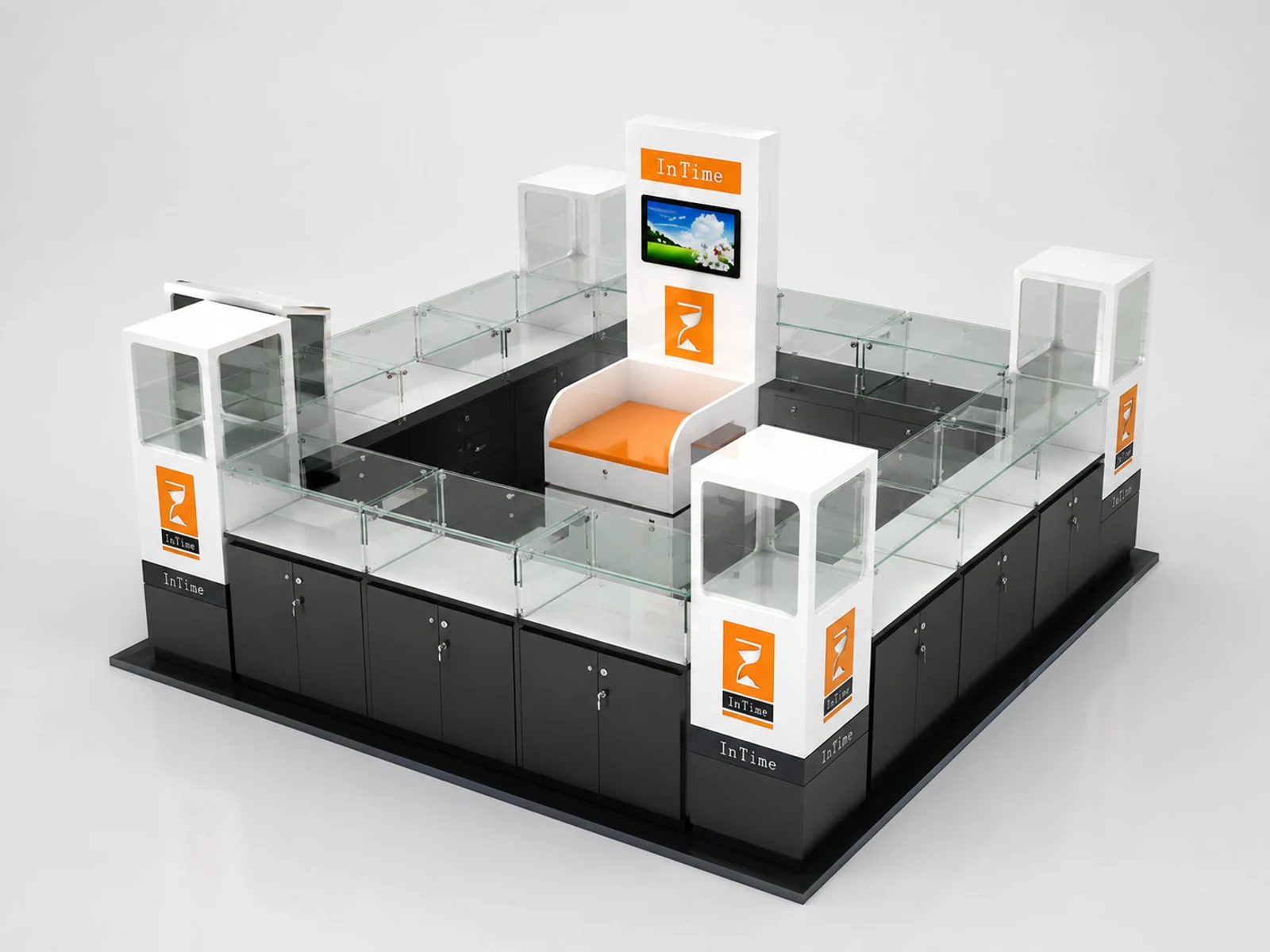 Men's watches display kiosk | fashionable watch showcase for sale staff-side storage and checkout view