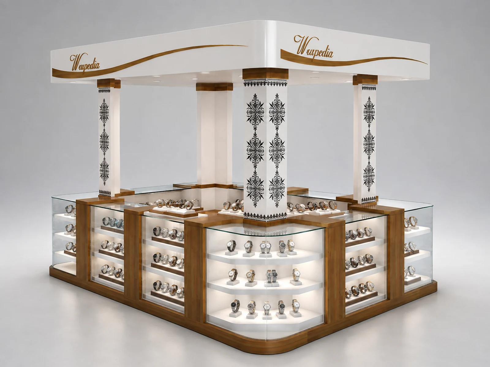 Modern Luxury Watch Kiosk Shopping Mall Watches Display Counter For Sale illuminated glass watch showcase detail
