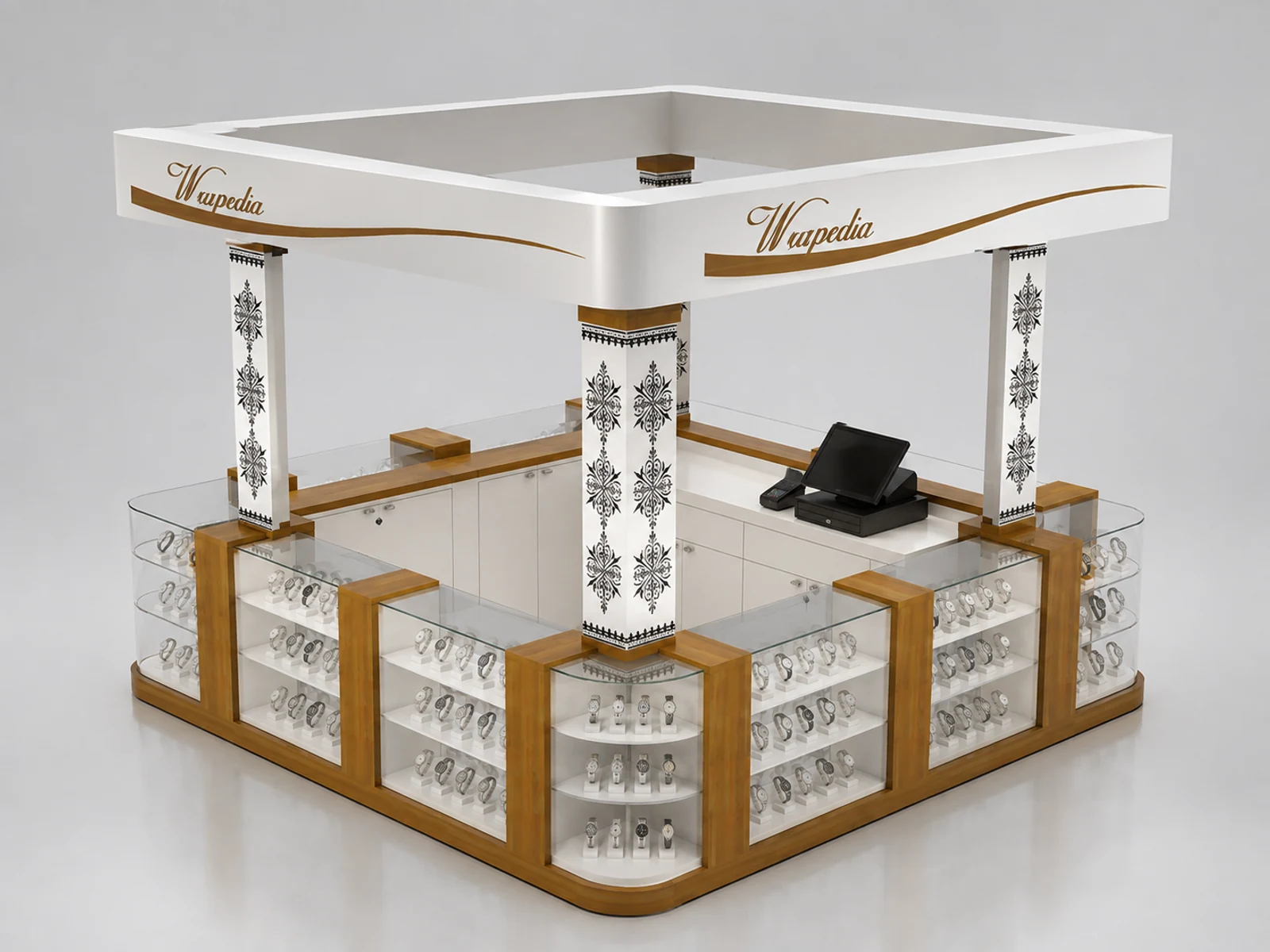 Modern Luxury Watch Kiosk Shopping Mall Watches Display Counter For Sale staff-side storage and checkout view