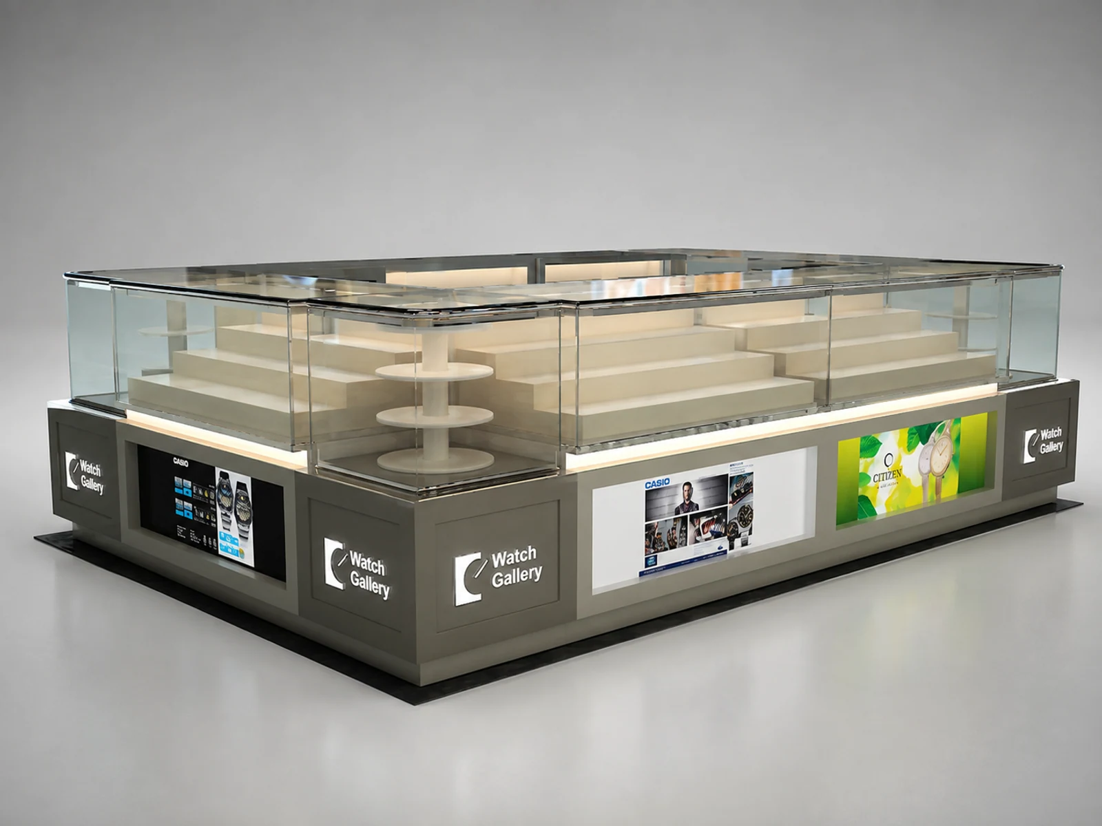 Modern minimalist style watch kiosk design new design jewelry showcase for sale main shopping mall view