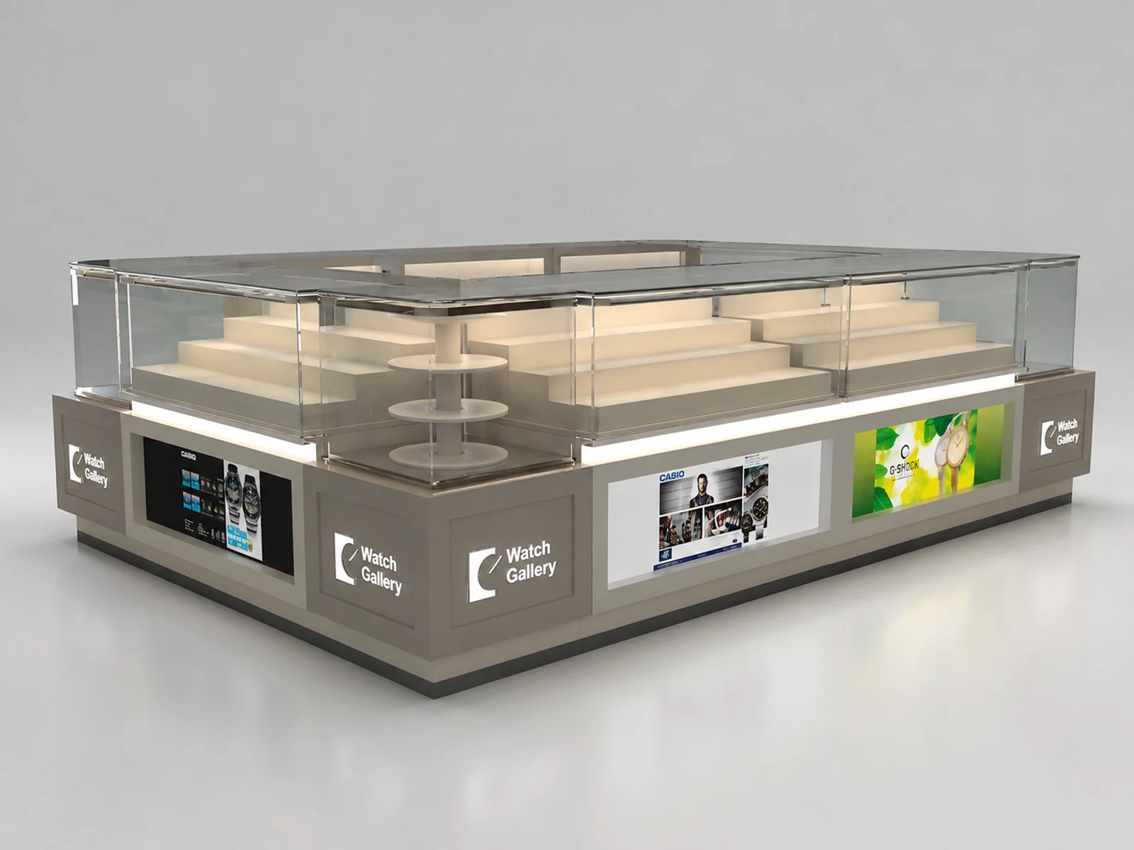 Modern minimalist style watch kiosk design new design jewelry showcase for sale opposite angle and kiosk depth