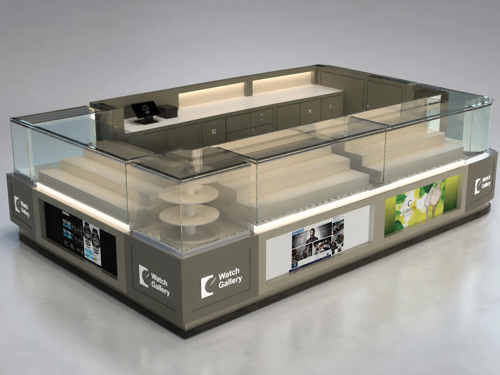 Modern minimalist style watch kiosk design new design jewelry showcase for sale illuminated glass watch showcase detail