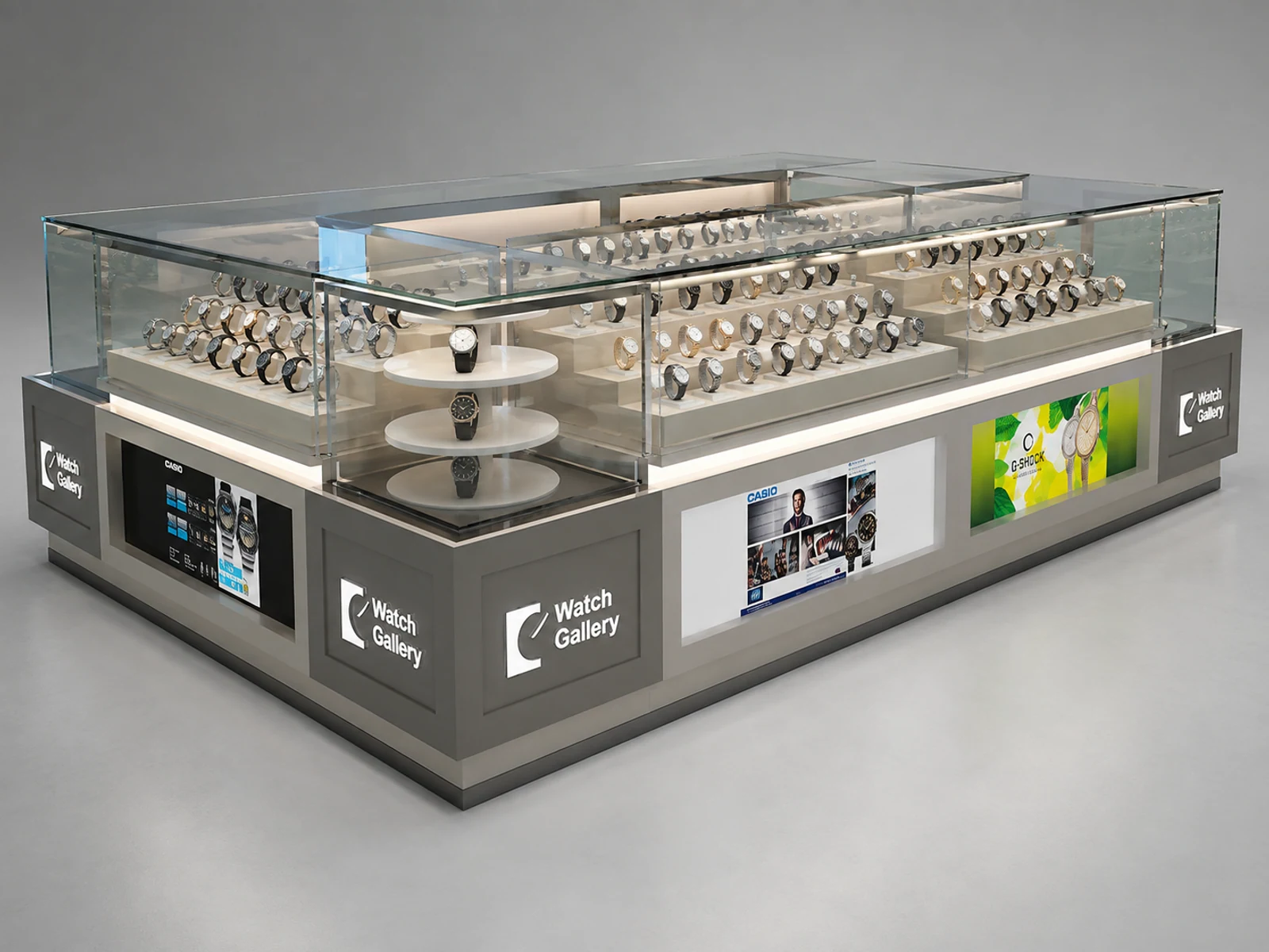 Modern minimalist style watch kiosk design new design jewelry showcase for sale staff-side storage and checkout view