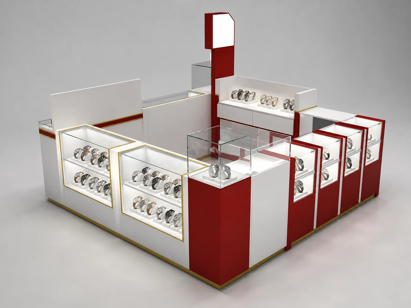 Custom watch kiosk under factory production with illuminated display panels and storage cabinets