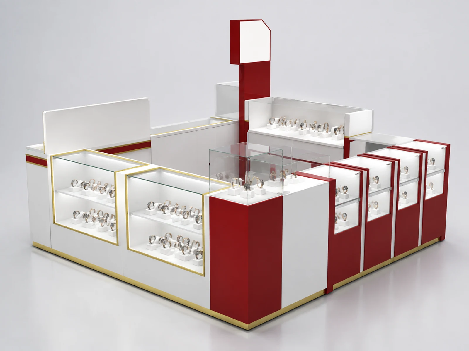 Modern new designed watch display booth jewelry display cabinet used in mall illuminated glass watch showcase detail