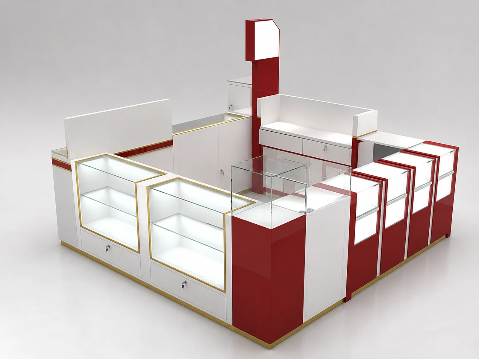 Modern new designed watch display booth jewelry display cabinet used in mall staff-side storage and checkout view