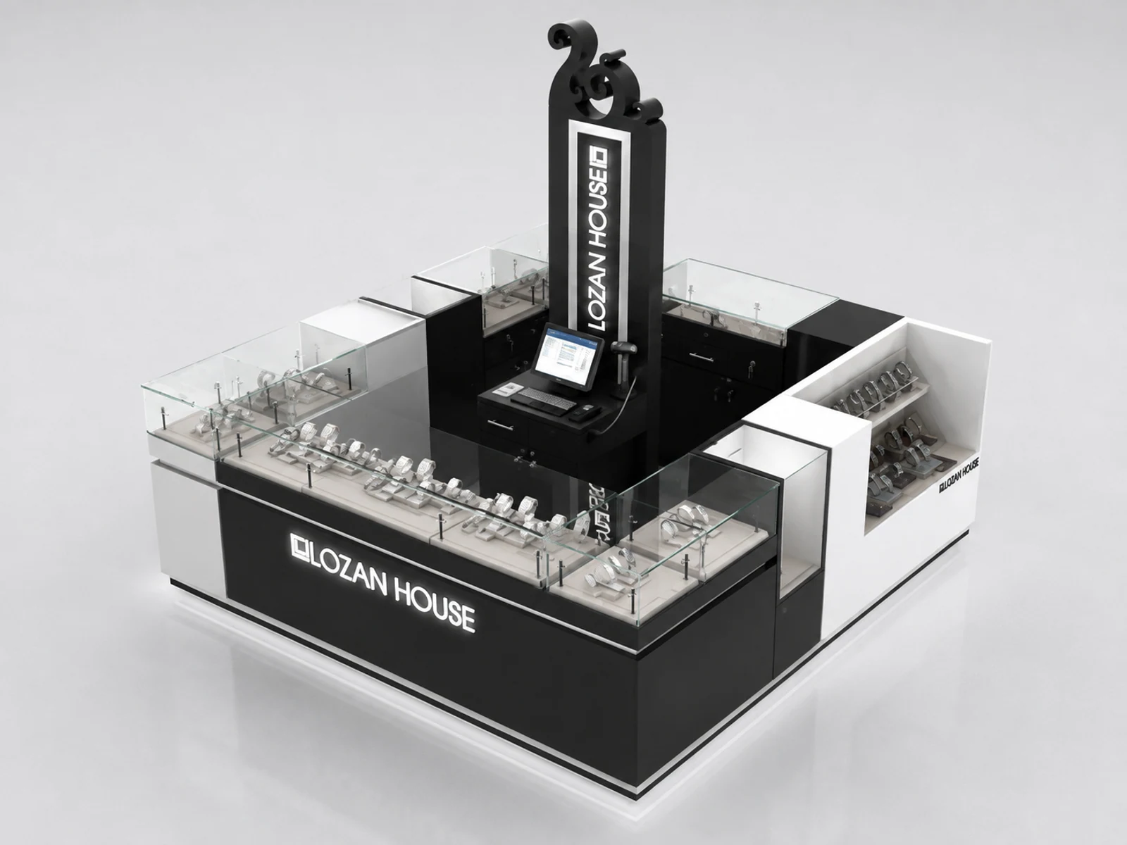 Modern new designed watch display kiosk jewelry display case used in mall opposite angle and kiosk depth