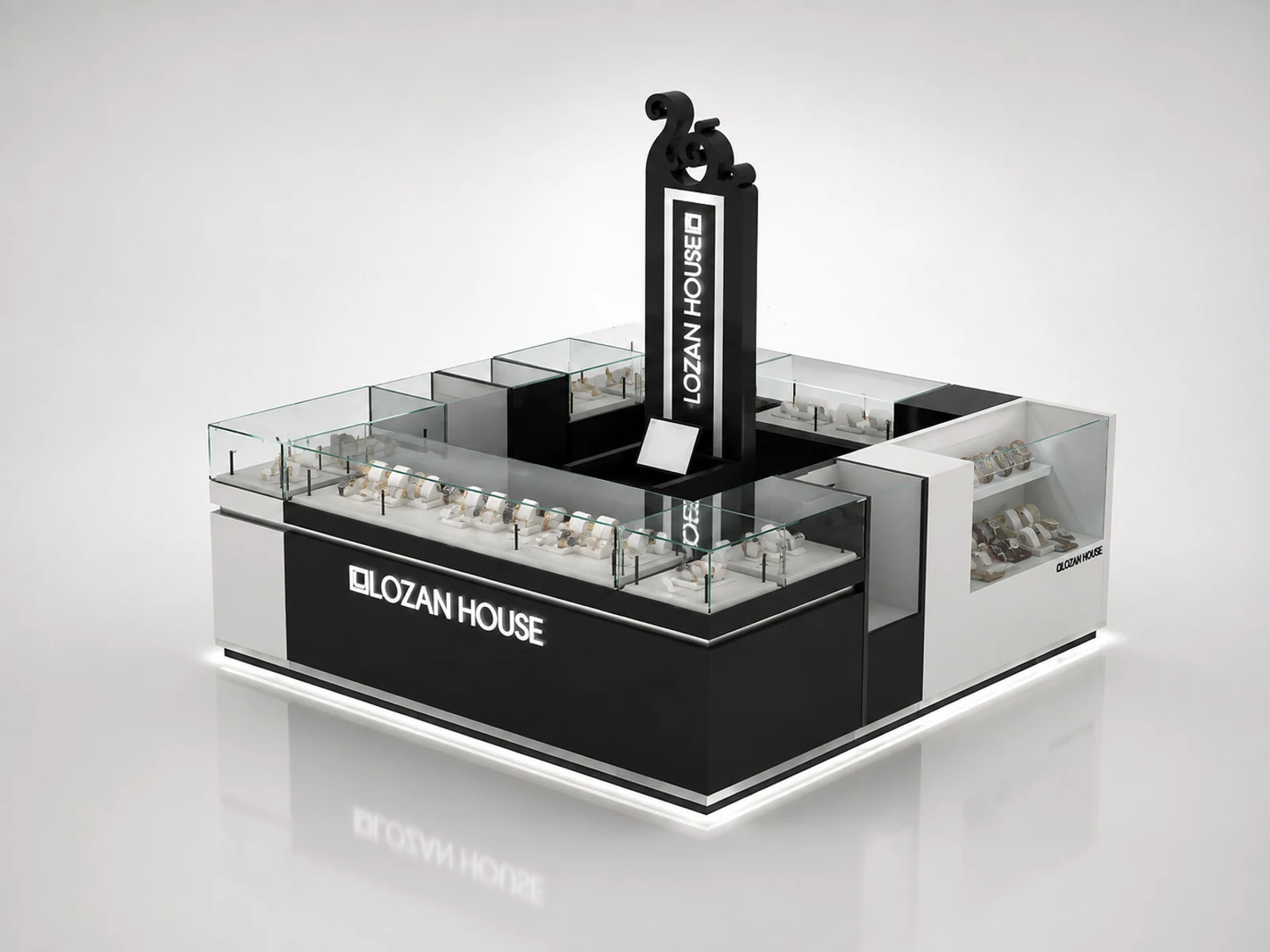Modern new designed watch display kiosk jewelry display case used in mall illuminated glass watch showcase detail