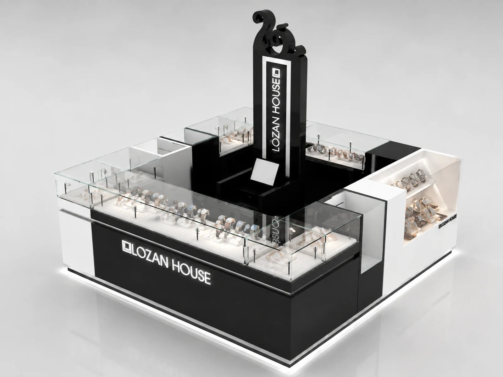 Modern new designed watch display kiosk jewelry display case used in mall staff-side storage and checkout view