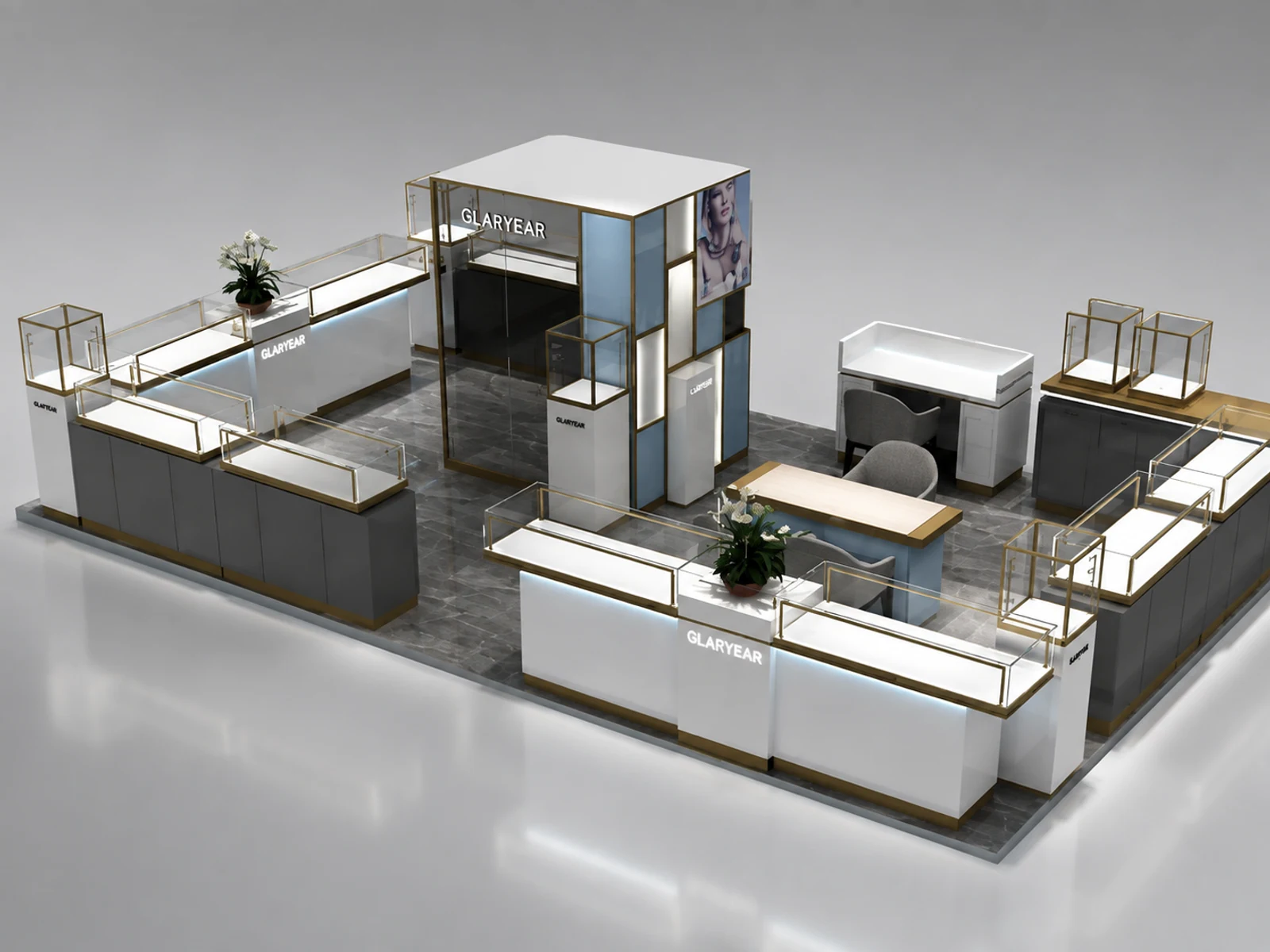 Modern watch display showcase jewelry display kiosk with cabinet design used in mall main shopping mall view