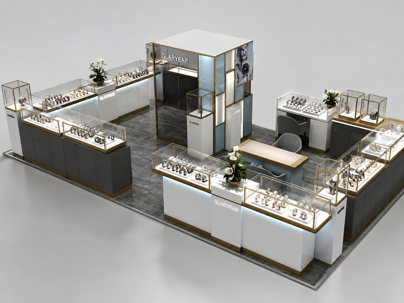Modern watch display showcase jewelry display kiosk with cabinet design used in mall opposite angle and kiosk depth