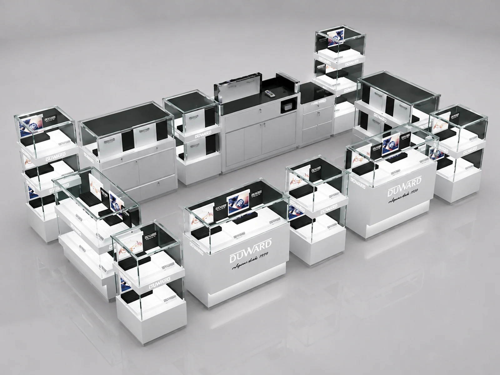 Modern watch kiosk glass boutique display stand white jewelry display booth for mall staff-side storage and checkout view