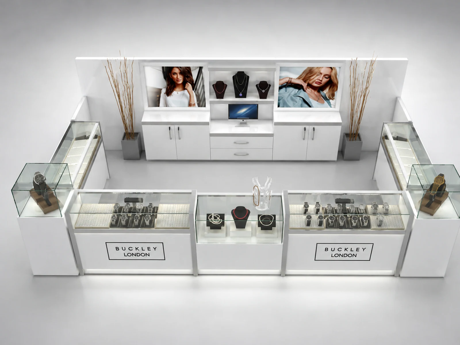 Modern white jewelry mall retail booth watch display cabinet design used in mall main shopping mall view