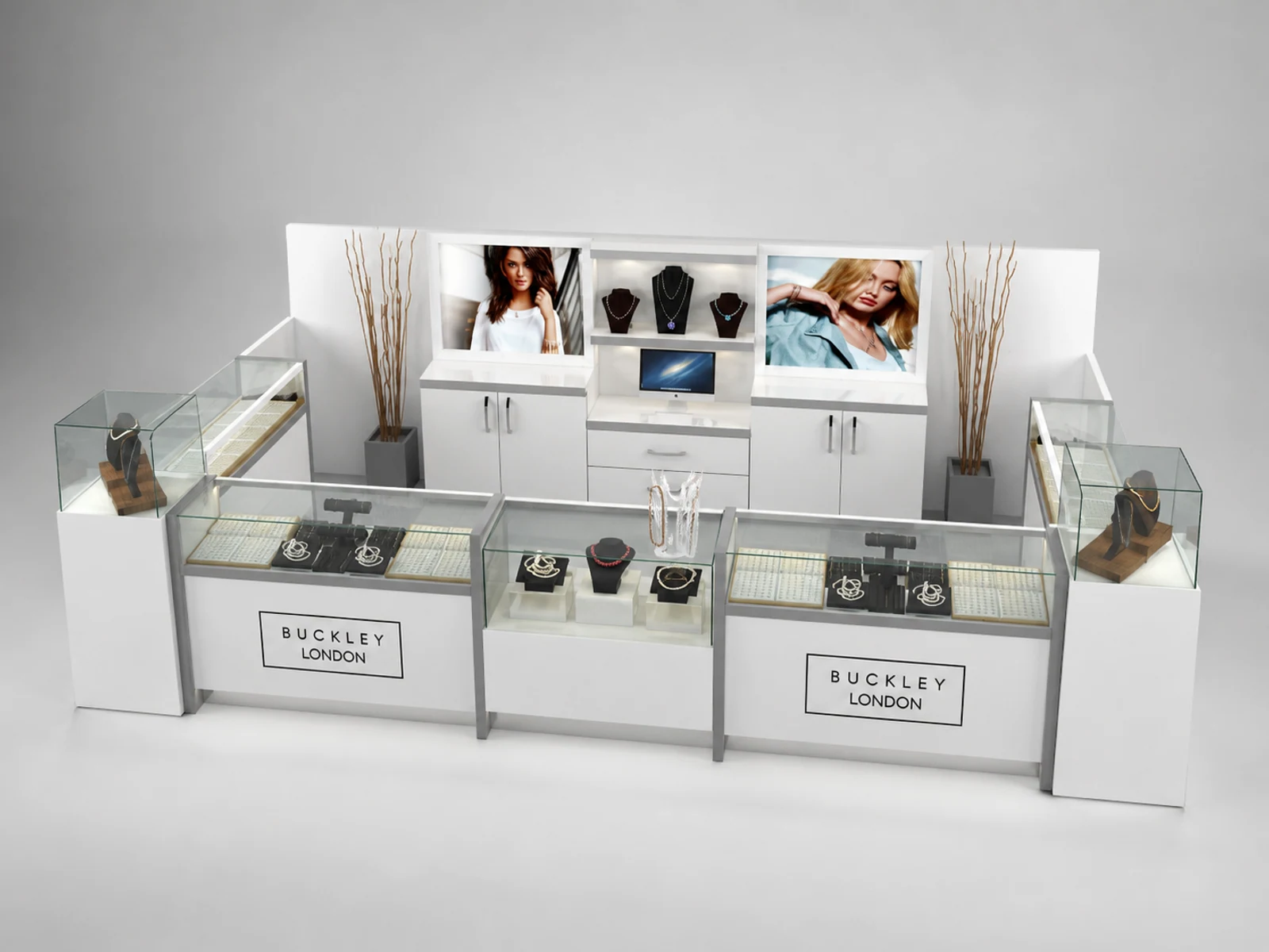 Modern white jewelry mall retail booth watch display cabinet design used in mall opposite angle and kiosk depth
