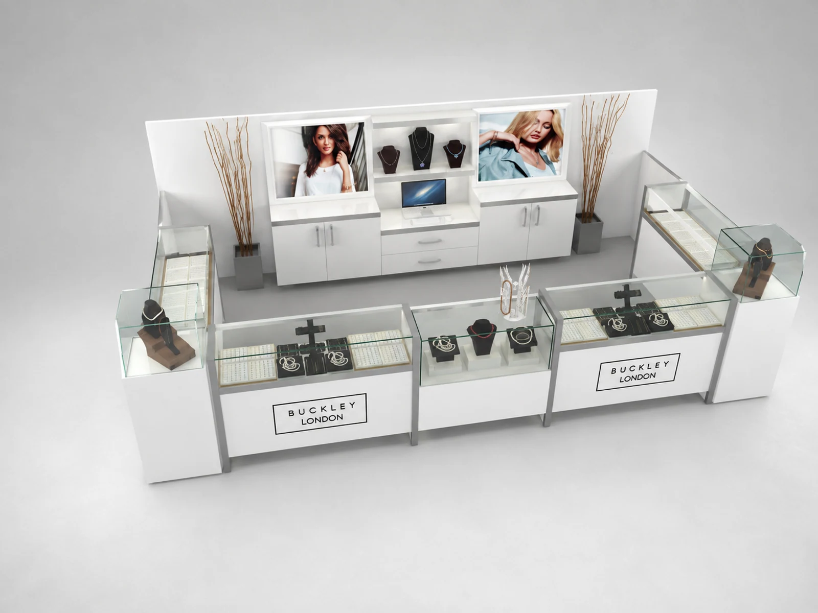Modern white jewelry mall retail booth watch display cabinet design used in mall illuminated glass watch showcase detail