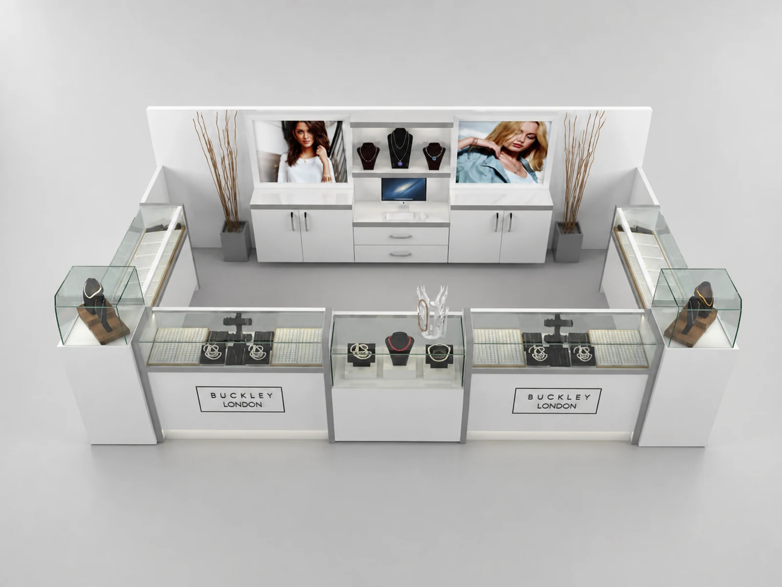 Modern white jewelry mall retail booth watch display cabinet design used in mall staff-side storage and checkout view