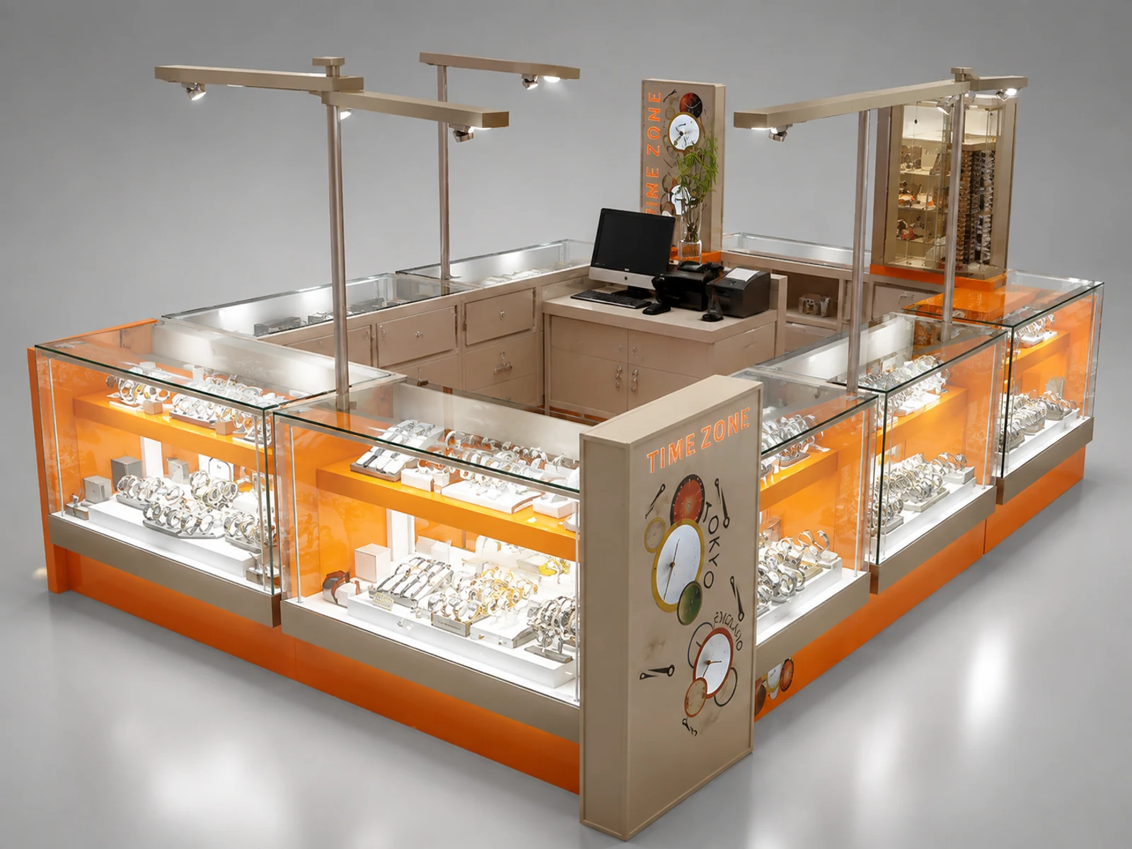 Most popular mall kiosk for display watches | men’s watch retail showcase opposite angle and kiosk depth