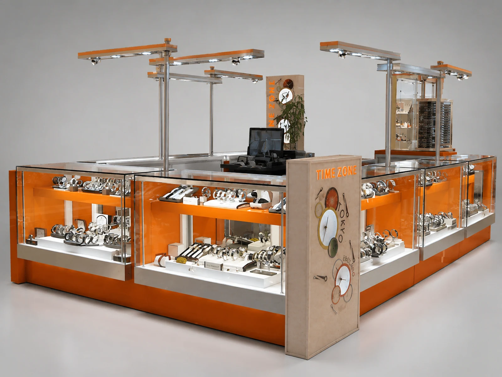 Most popular mall kiosk for display watches | men’s watch retail showcase illuminated glass watch showcase detail
