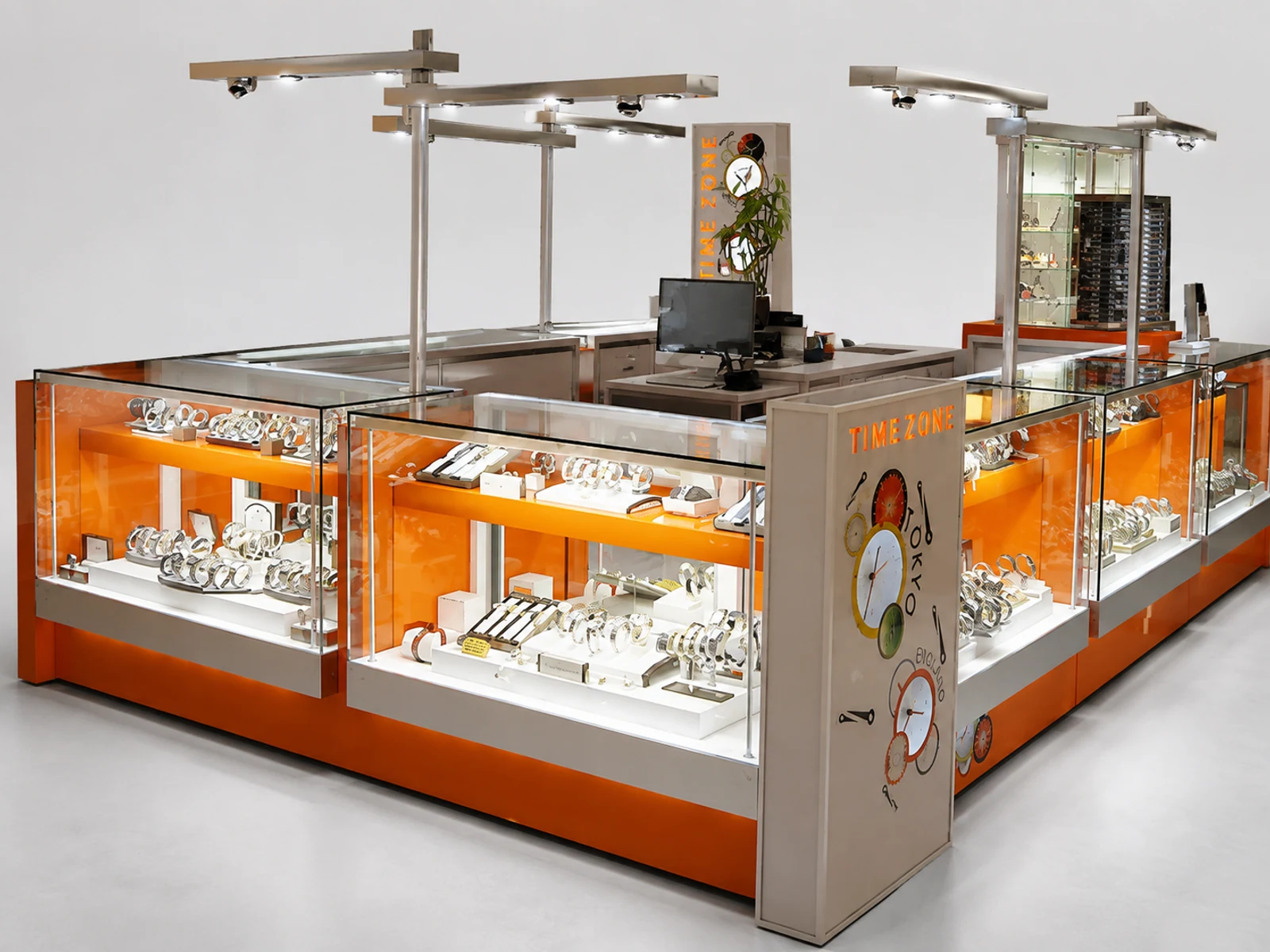 Most popular mall kiosk for display watches | men’s watch retail showcase staff-side storage and checkout view