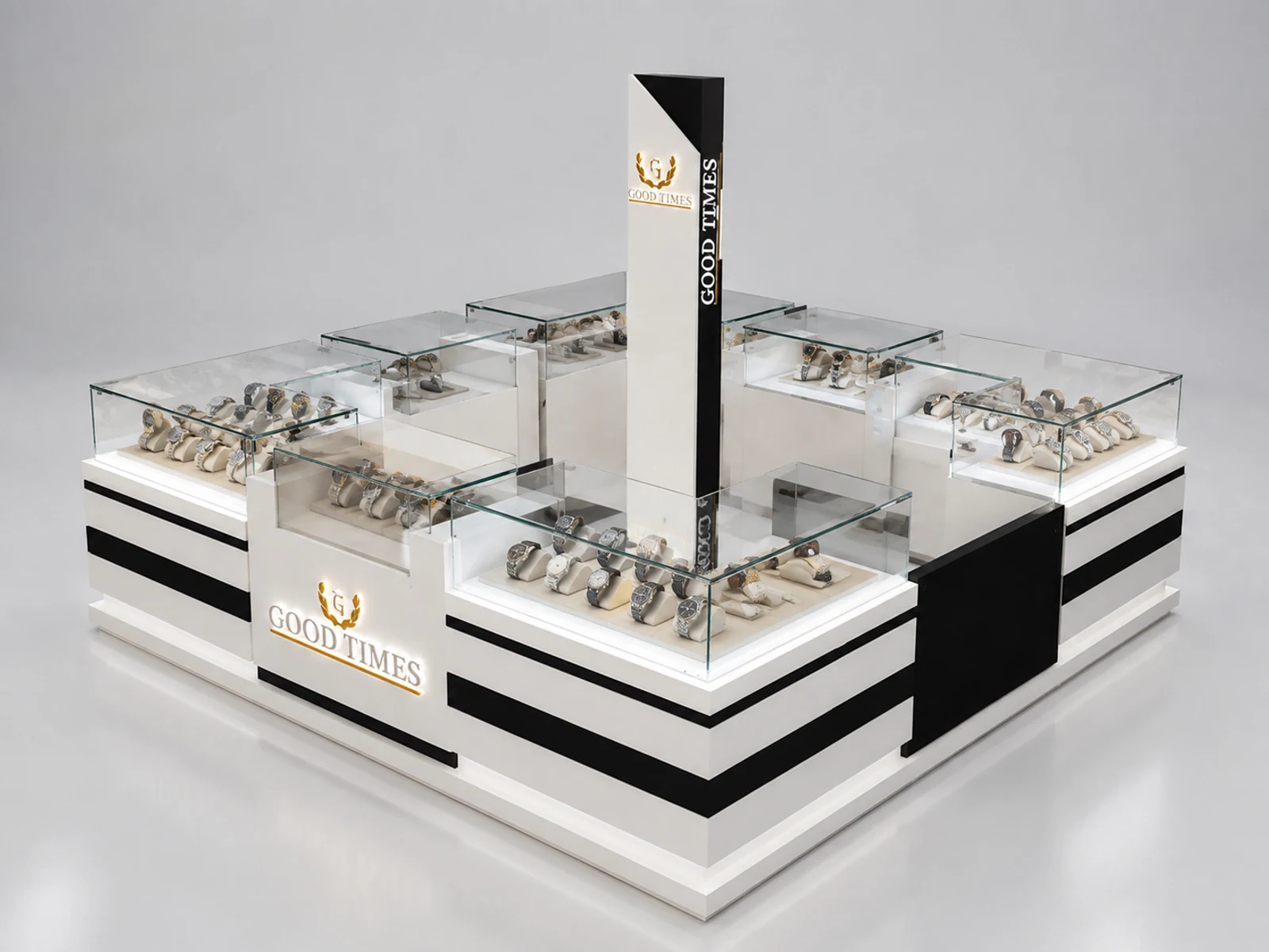New designed watch display booth with glass jewelry display case used in mall main shopping mall view