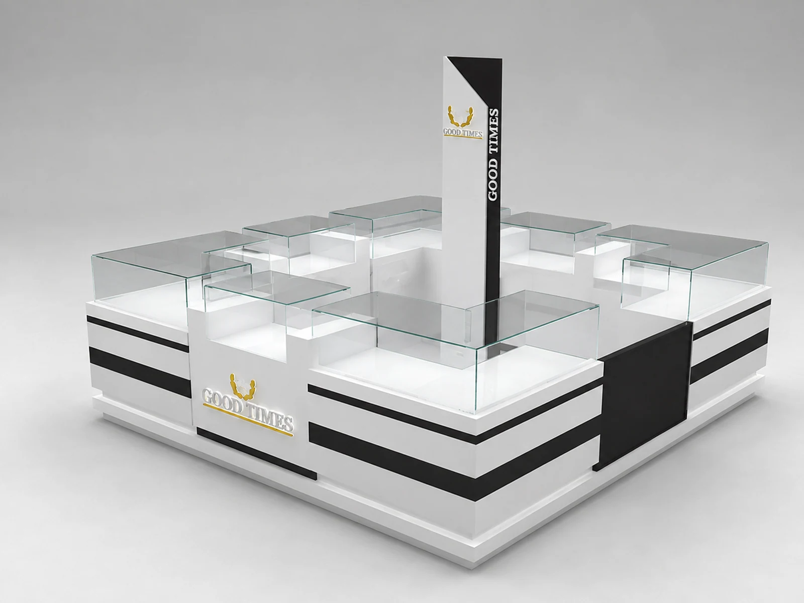 New designed watch display booth with glass jewelry display case used in mall opposite angle and kiosk depth