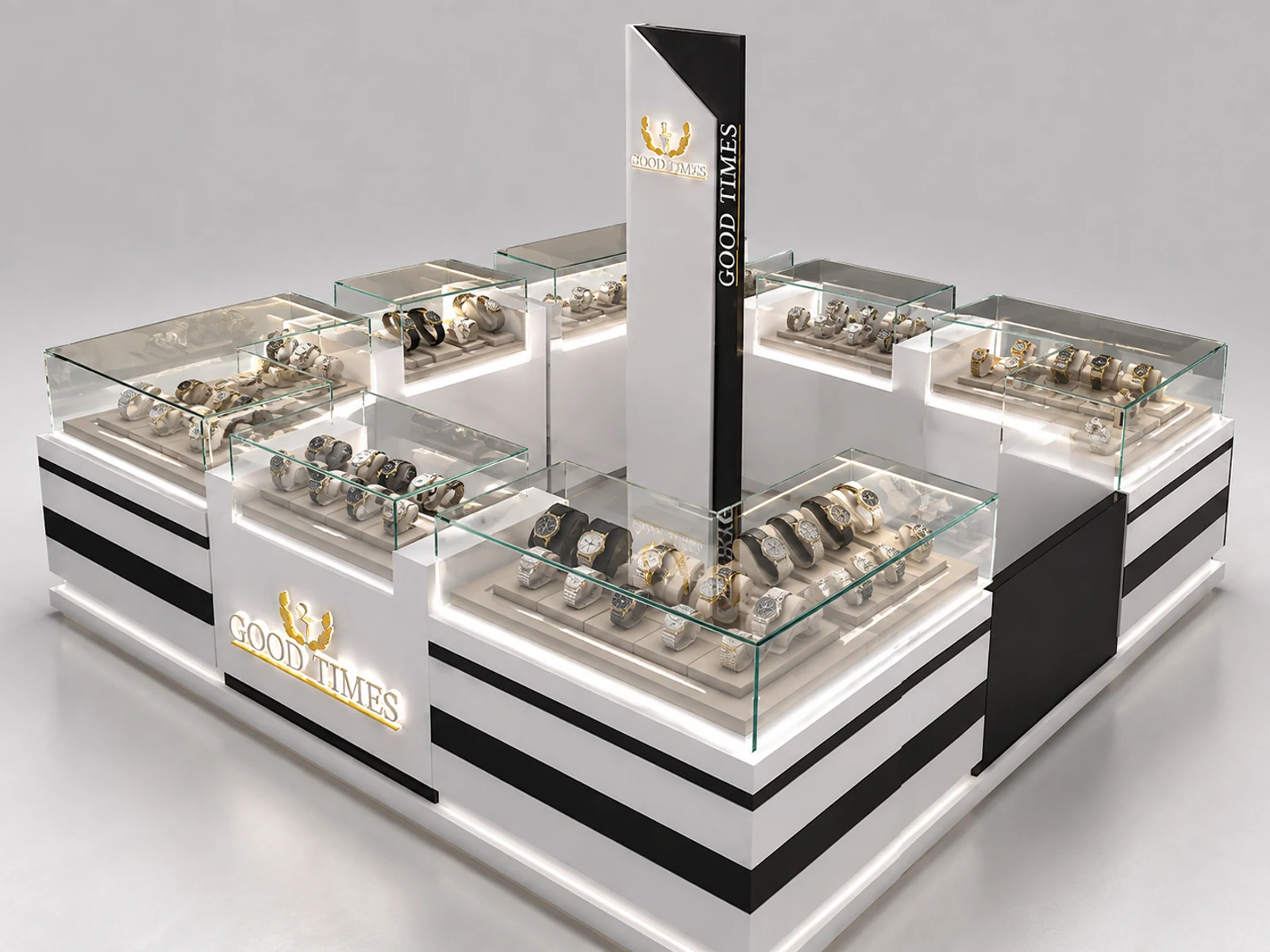 New designed watch display booth with glass jewelry display case used in mall staff-side storage and checkout view