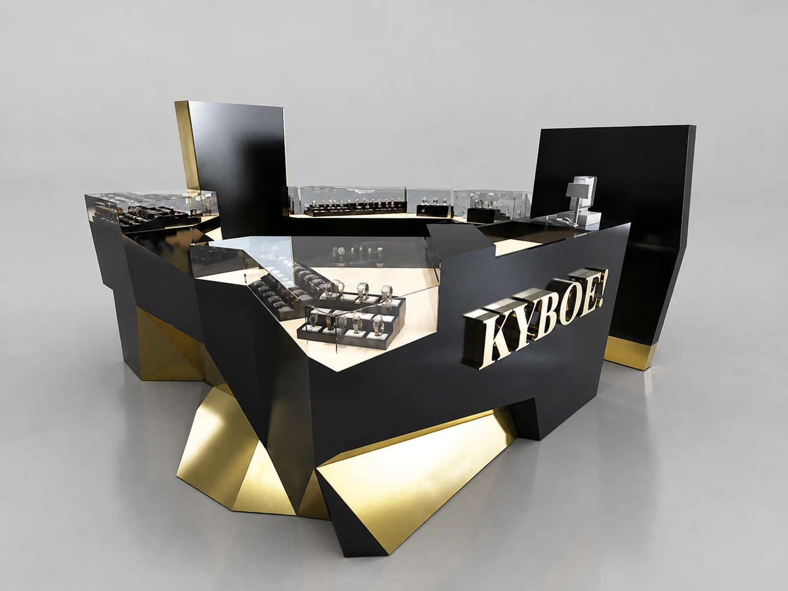 New style watch kiosk in the mall | wrist watch retail store fixtures display furniture opposite angle and kiosk depth