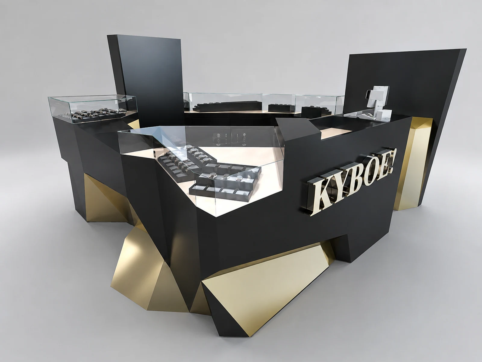 New style watch kiosk in the mall | wrist watch retail store fixtures display furniture illuminated glass watch showcase detail