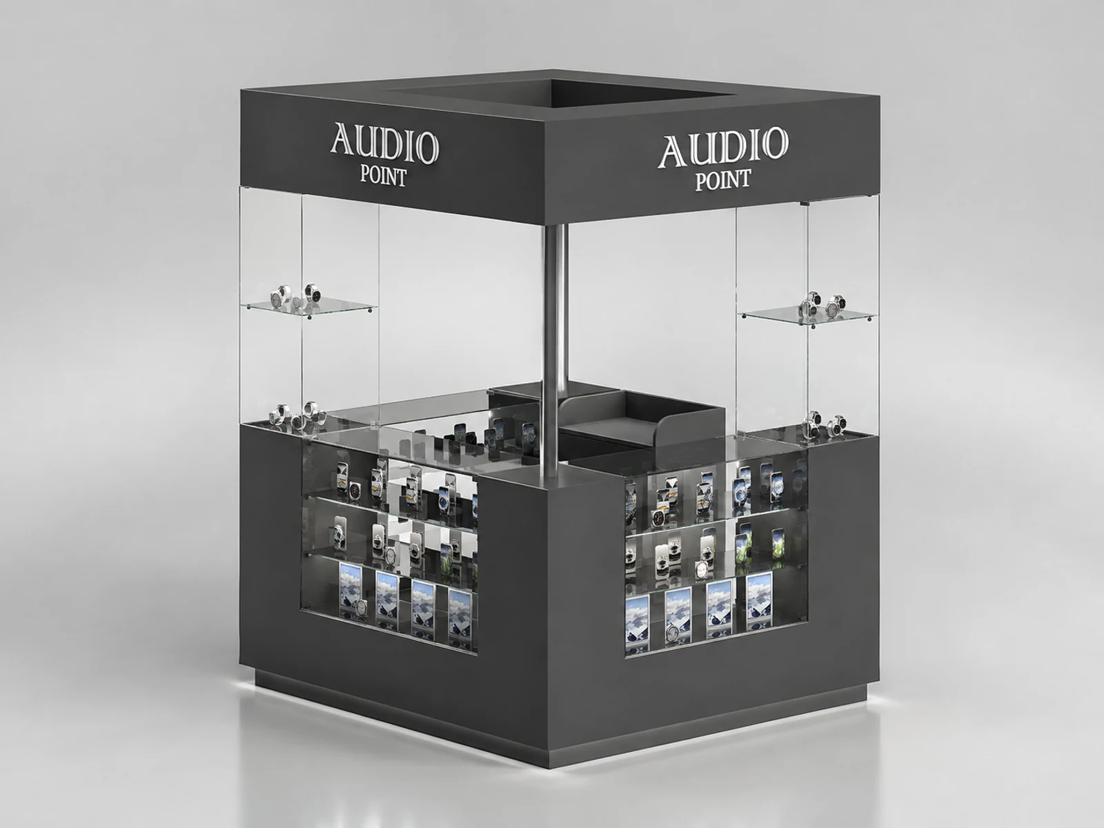 Retail Watch Mall Kiosk With Top Black Glass Watch Inside Counter New Watch Showcase main shopping mall view