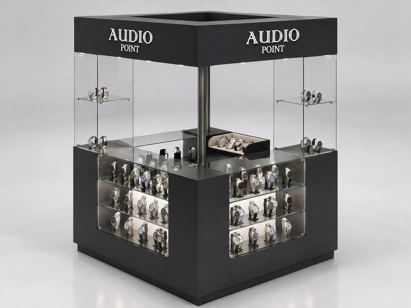 Retail Watch Mall Kiosk With Top Black Glass Watch Inside Counter New Watch Showcase opposite angle and kiosk depth