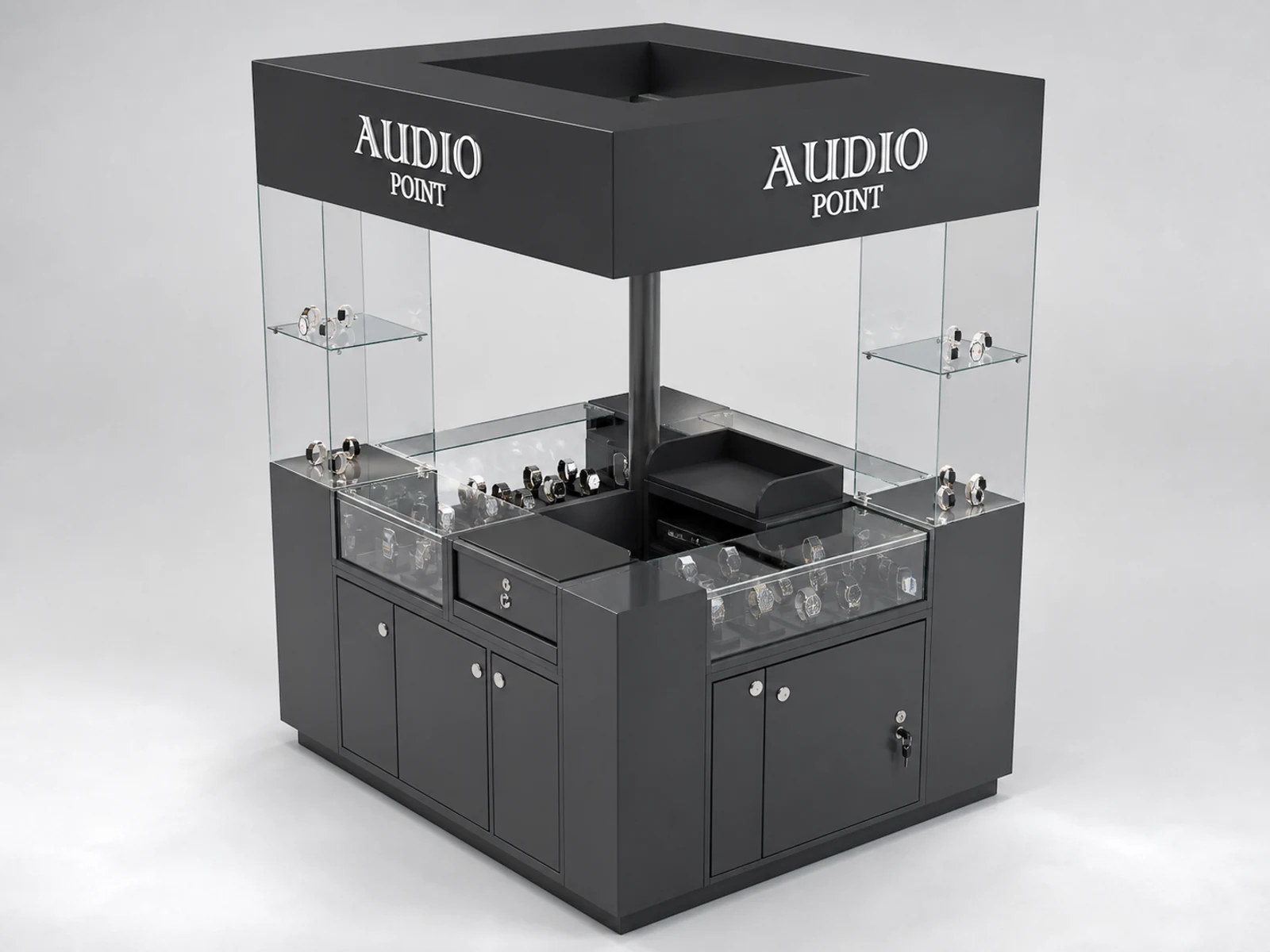 Retail Watch Mall Kiosk With Top Black Glass Watch Inside Counter New Watch Showcase illuminated glass watch showcase detail