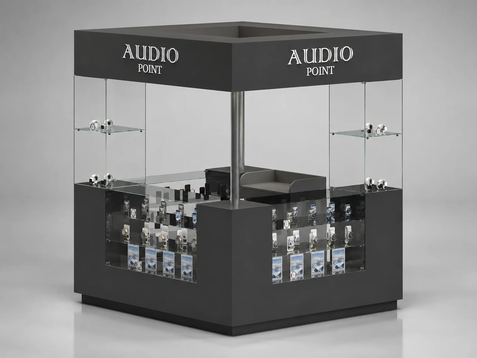 Retail Watch Mall Kiosk With Top Black Glass Watch Inside Counter New Watch Showcase staff-side storage and checkout view
