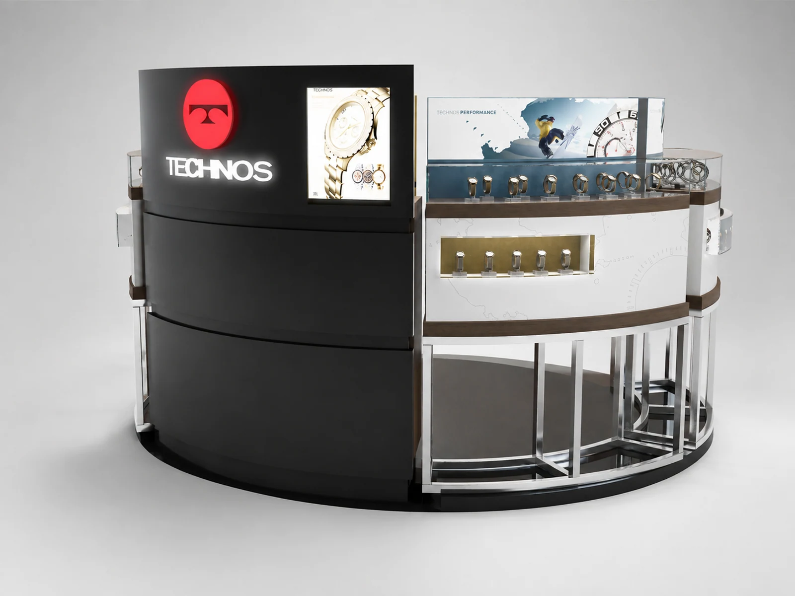 Round Watch Kiosk Watch Display Counter Retail Watch Showcase opposite angle and kiosk depth