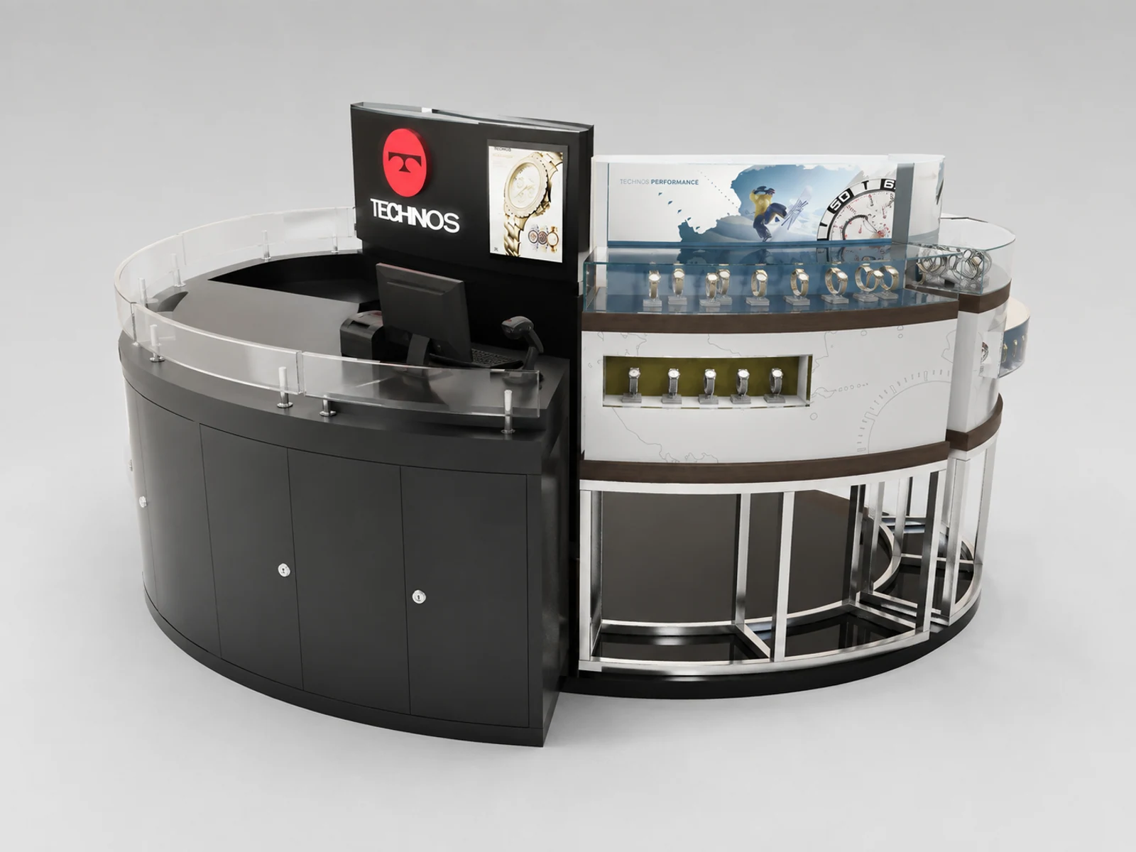 Round Watch Kiosk Watch Display Counter Retail Watch Showcase illuminated glass watch showcase detail