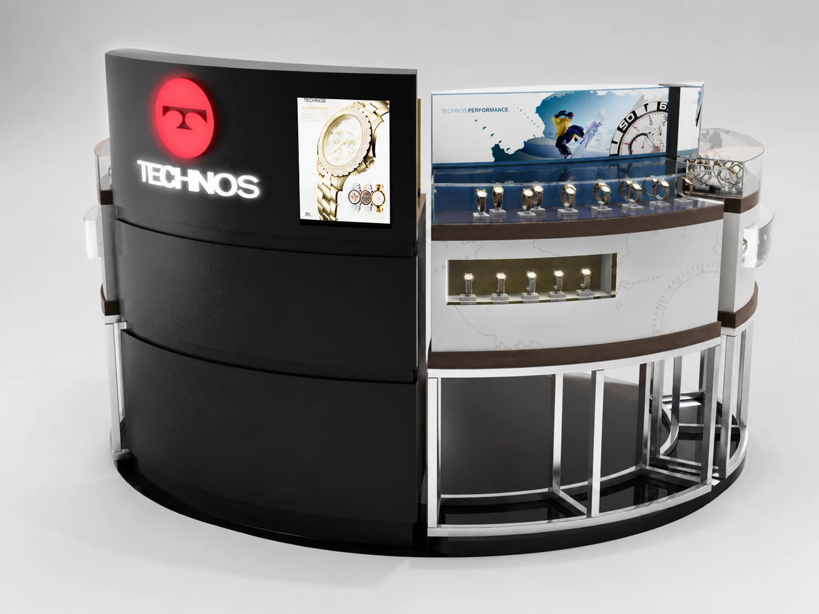 Round Watch Kiosk Watch Display Counter Retail Watch Showcase staff-side storage and checkout view