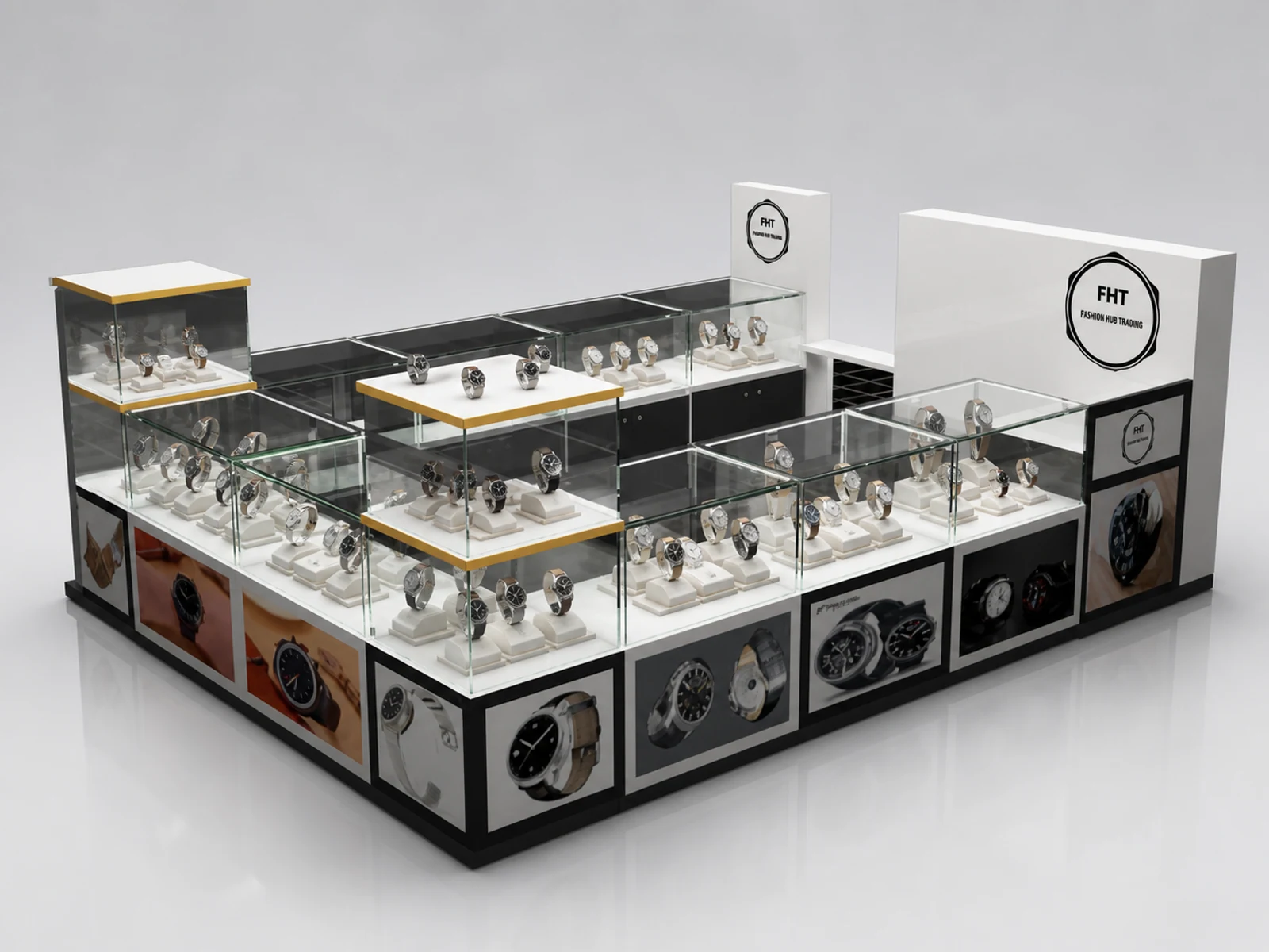 Shopping center men's watches kiosk | custom glass showcase main shopping mall view