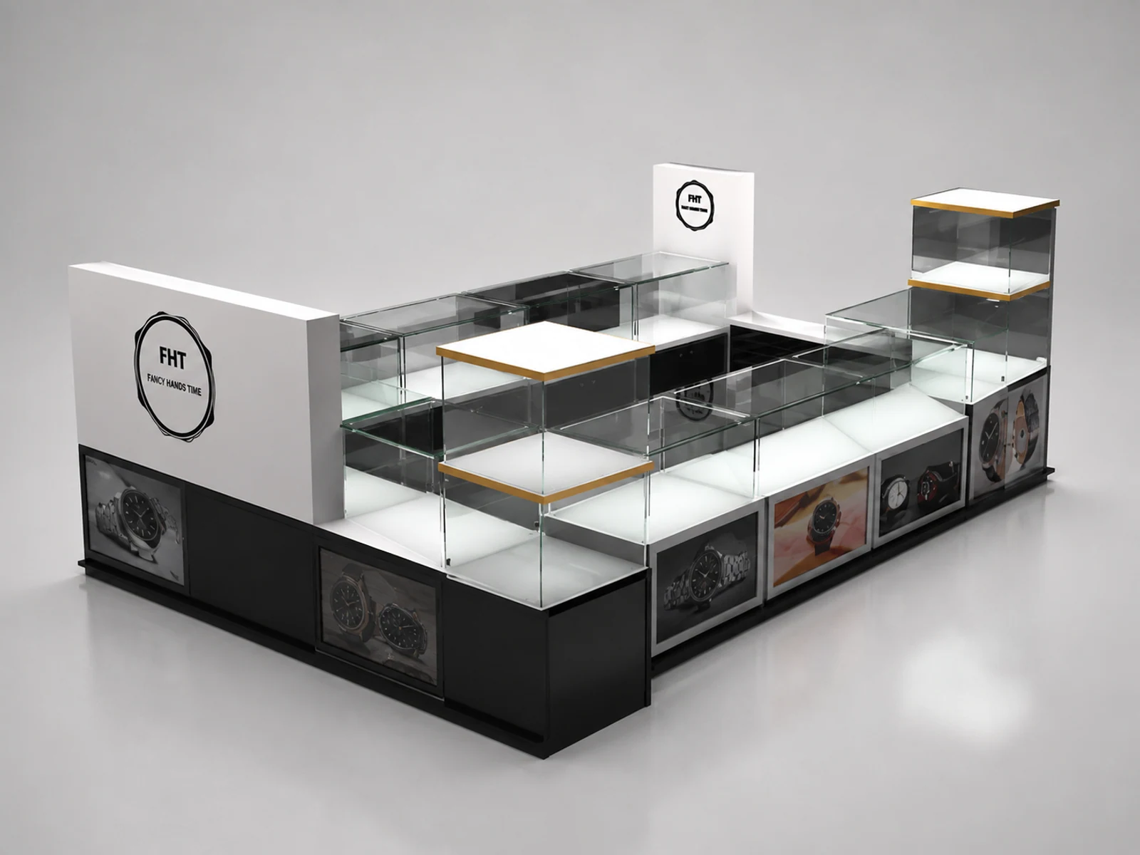 Shopping center men's watches kiosk | custom glass showcase opposite angle and kiosk depth