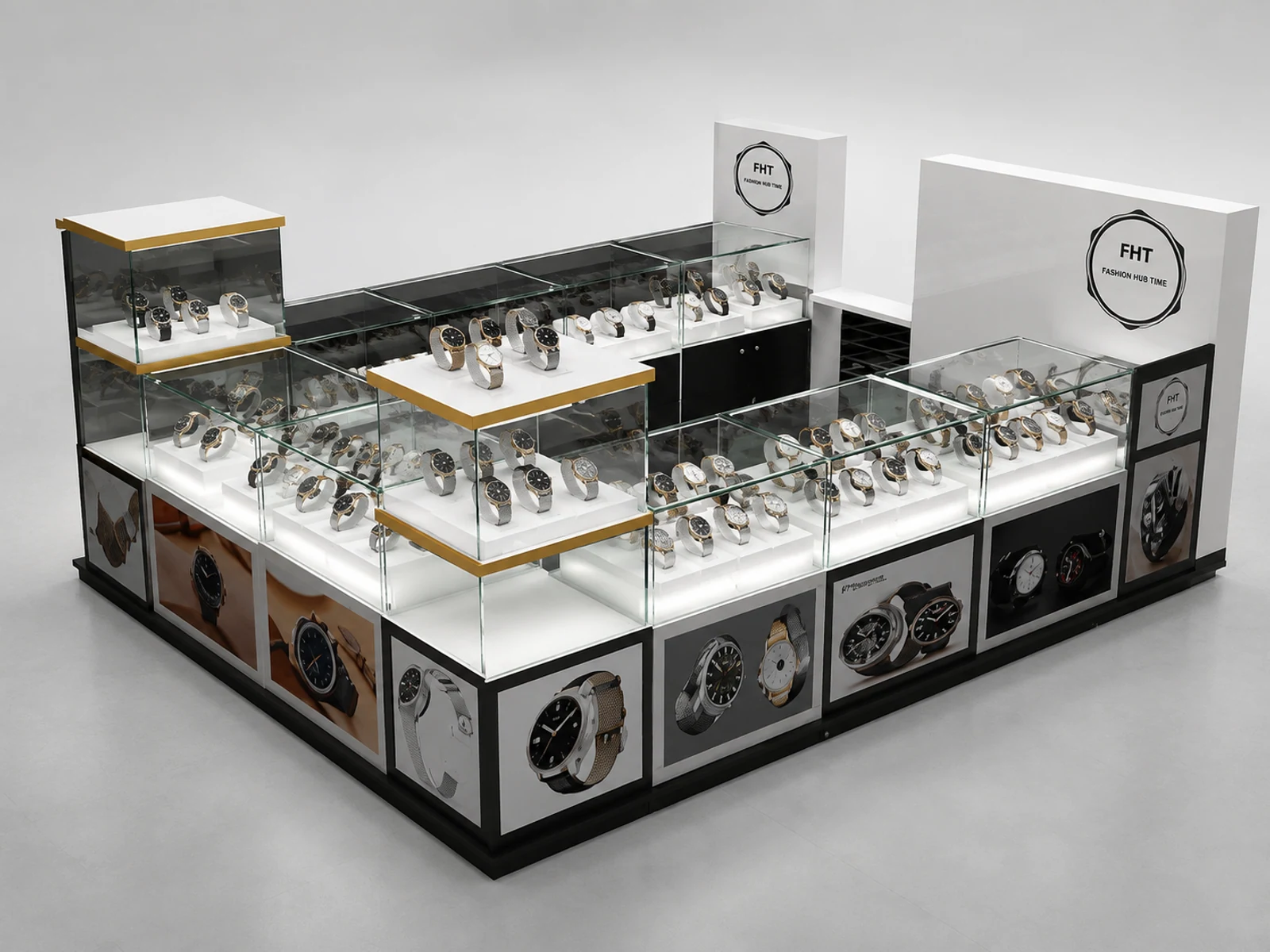 Shopping center men's watches kiosk | custom glass showcase illuminated glass watch showcase detail