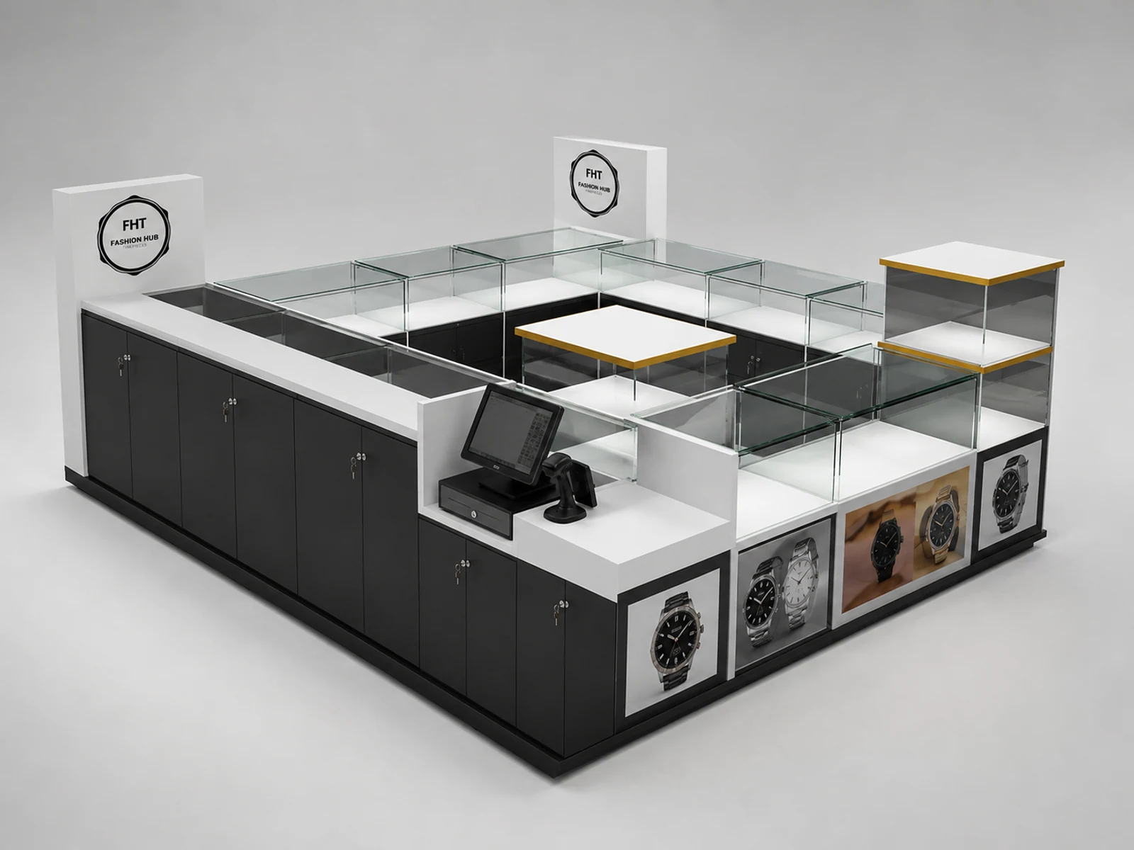 Shopping center men's watches kiosk | custom glass showcase staff-side storage and checkout view