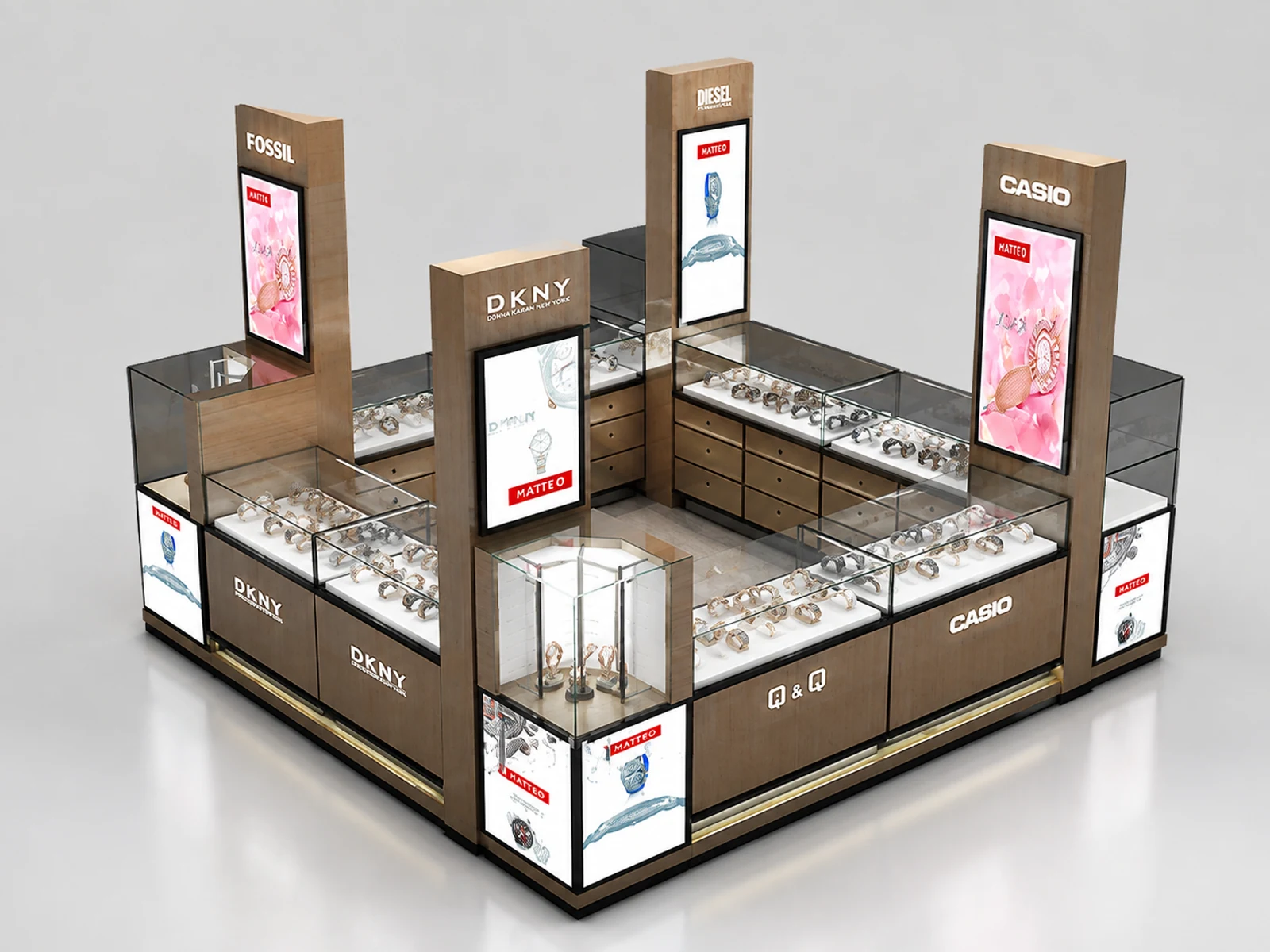 Shopping mall watches kiosk | glass display showcase for watch main shopping mall view