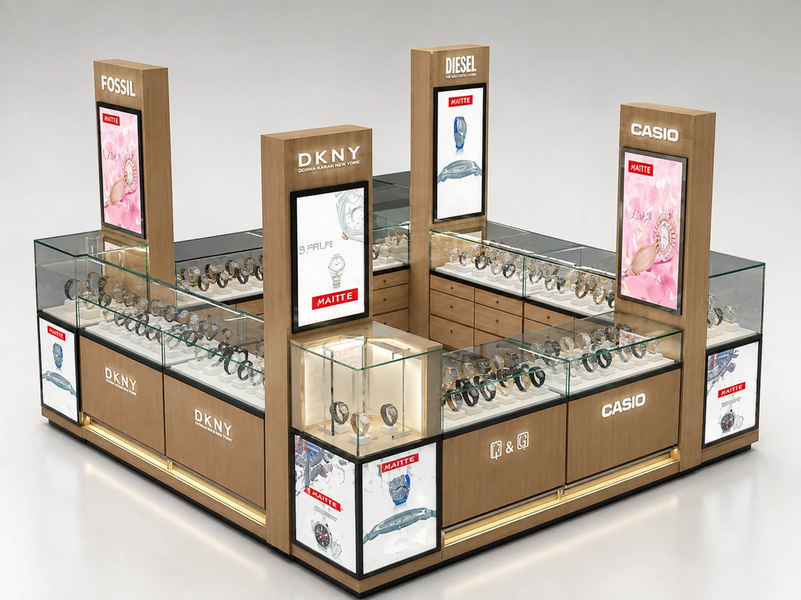 Shopping mall watches kiosk | glass display showcase for watch opposite angle and kiosk depth