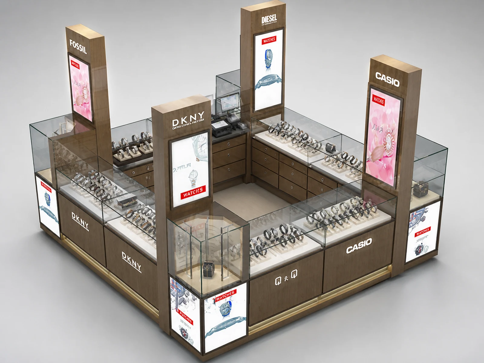 Shopping mall watches kiosk | glass display showcase for watch illuminated glass watch showcase detail