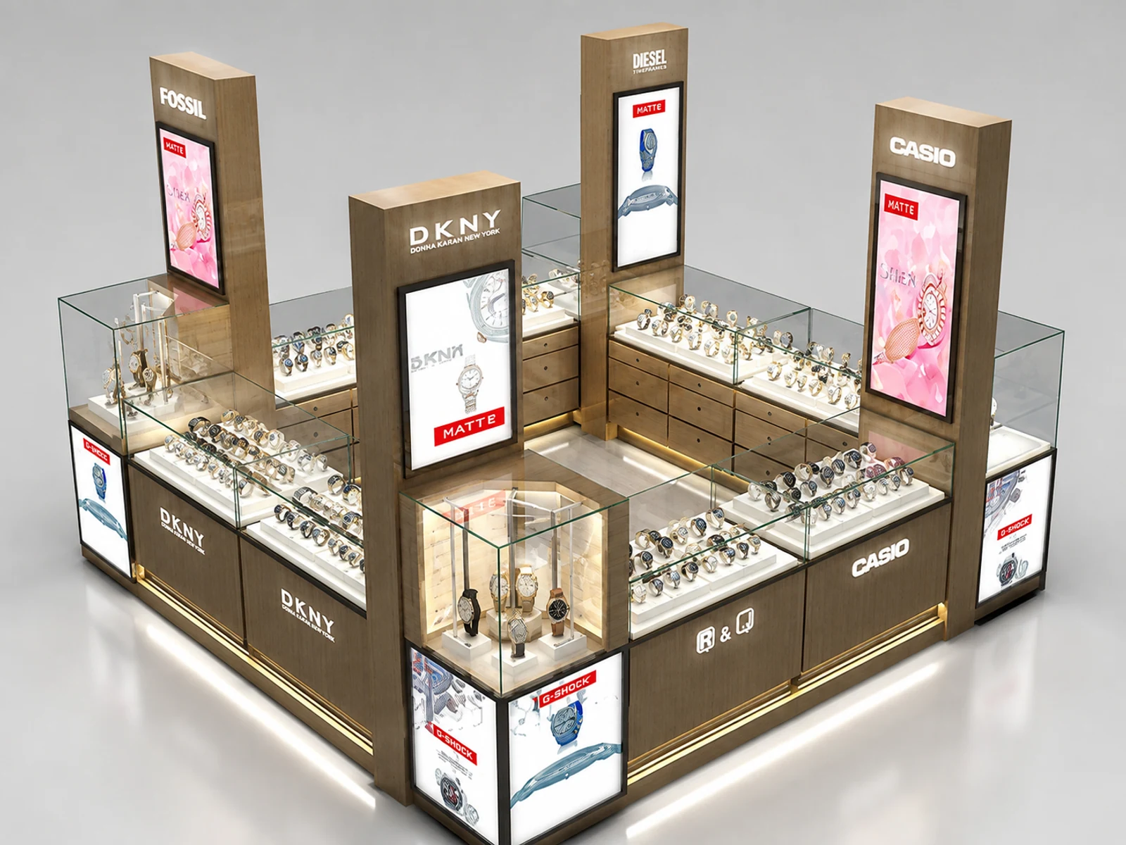 Shopping mall watches kiosk | glass display showcase for watch staff-side storage and checkout view