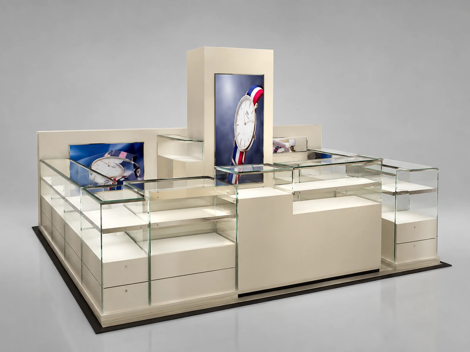 Pop-up watch retail shop in mall w/ glass showcase & retail stand for sale main shopping mall view